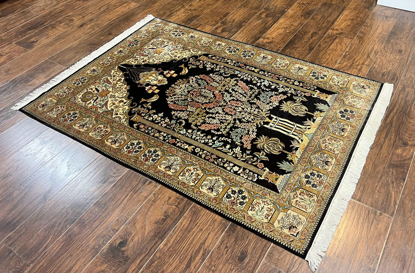 Wonderful Sino Persian Silk Rug 4x6, Tree of LIfe Design, Masterpiece 575 KPSI, Birds, Prayer Rug, Black, Silk on Silk - Nuvé