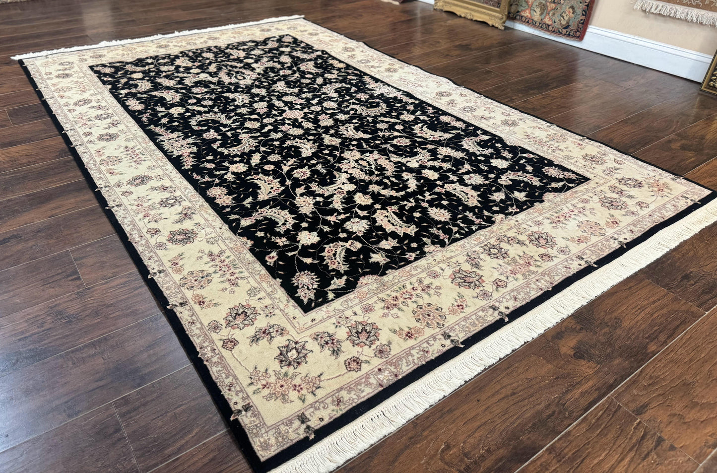 Sino Persian Rug 6x9, Black and Ivory, Wool and Silk Highlights, Handmade - Nuvé