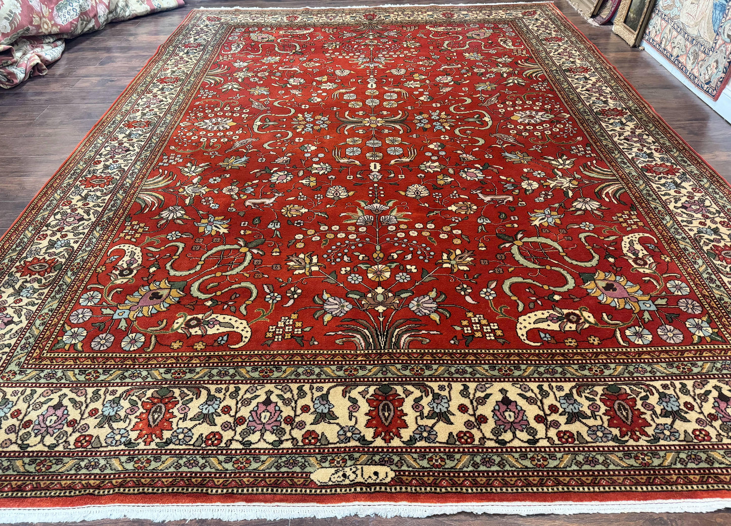 Romanian Rug 10x13, Vintage Handmade Wool Carpet, Floral Pattern, Birds, Red and Cream, Signed By Masterweaver, Persian Rug - Nuvé