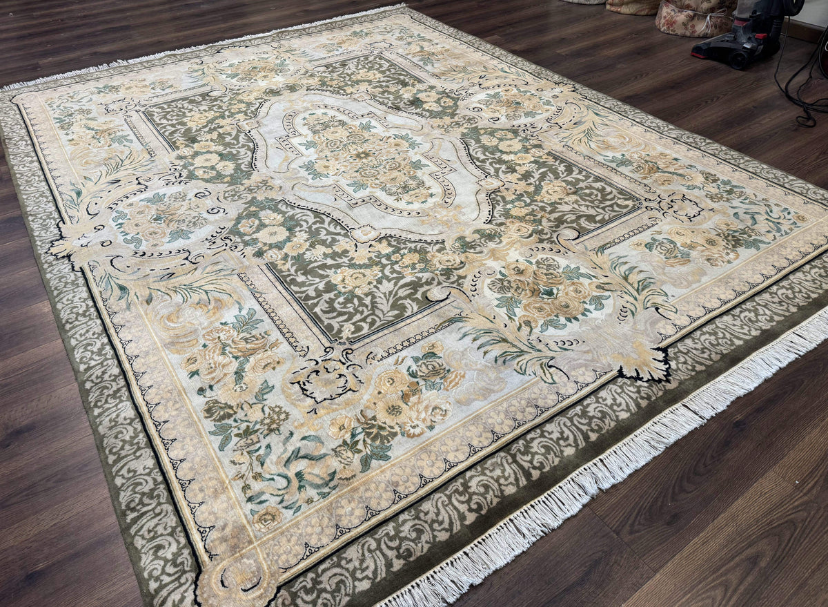 Aubusson Rug 8x10, Very Fine 225 KPSI, Floral, French European Design, Pakistani Carpet