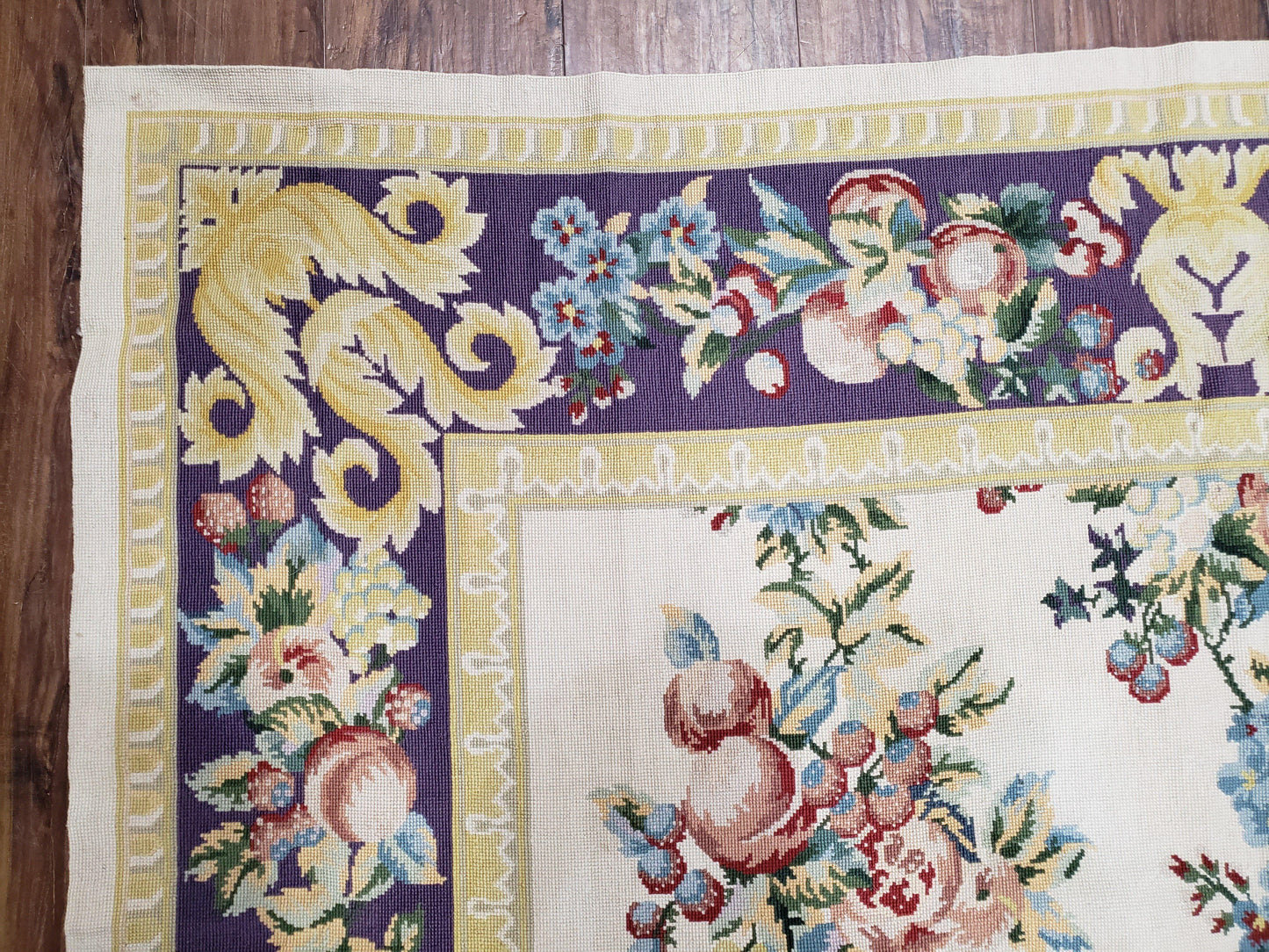 Vintage Chinese Floral Needlepoint Area Rug 6x9, Wool Hand-Woven Handmade Flatweave Rug, Ivory & Purple, Fruits Grapes Apples, Dining Room - Nuvé