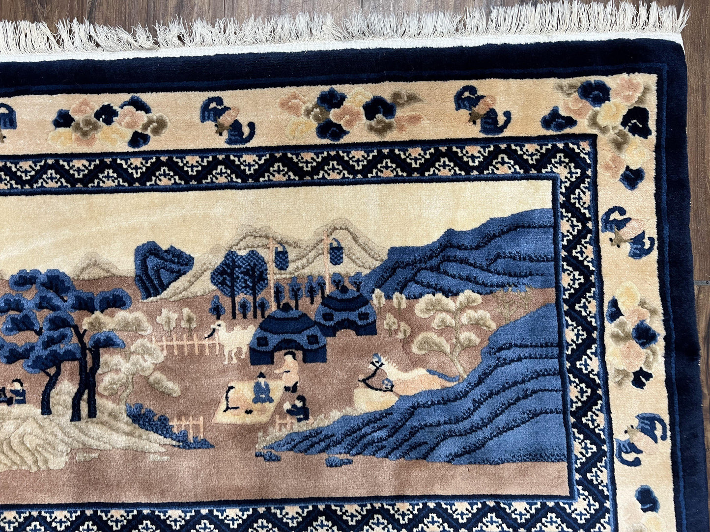 Antique Chinese Pictorial Rug 2.7 x 5, Chinese Village and Hills Carpet, Beige and Dark Blue, Handmade, Horizontal Rug Wall Hanging Tapestry - Nuvé