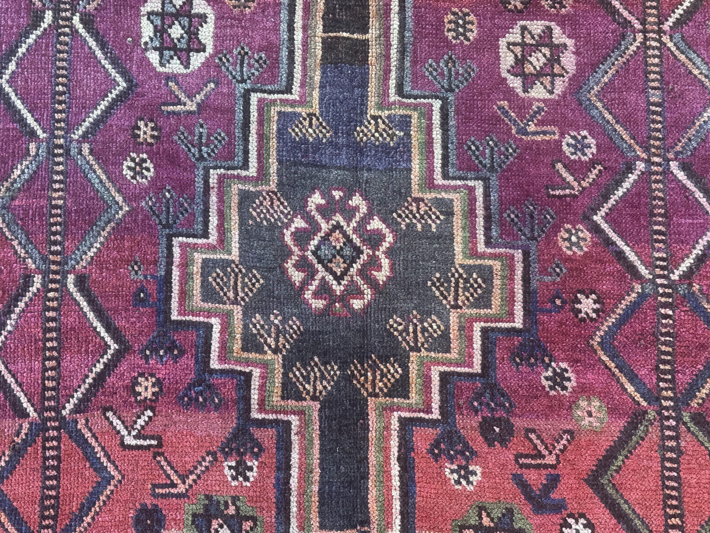 Persian Tribal Shiraz Rug 5x8, Geometric, Raspberry Red and Charcoal, Antique Persian Carpet - Nuvé