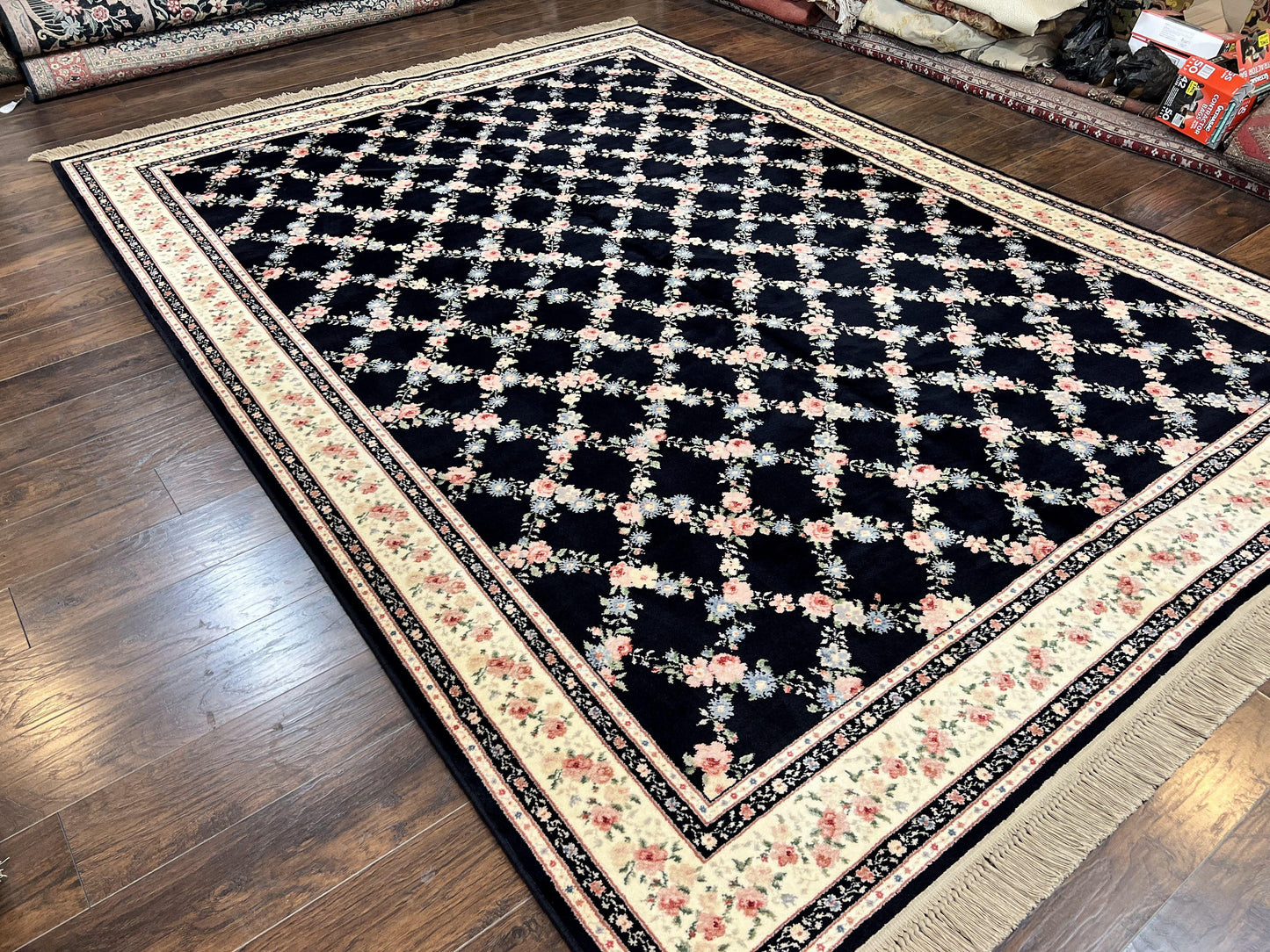 Karastan Rug 8' 8" x 12" Garden of Eden Collection Ebony Trellis #509/1270, Wool Pile Discontinued Vintage Karastan Carpet, Room Sized Rug - Nuvé