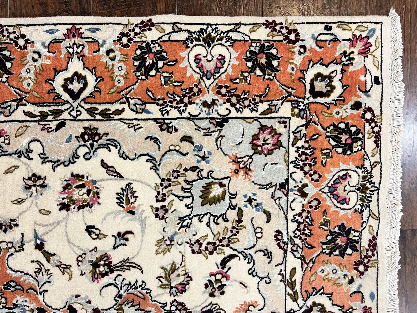 Persian Tabriz Rug 4.5 x 6.8, Finely Hand Knotted Wool with Silk Highlights Vintage Oriental Carpet, Cream and Salmon, High KPSI, Floral Medallion - Nuvé