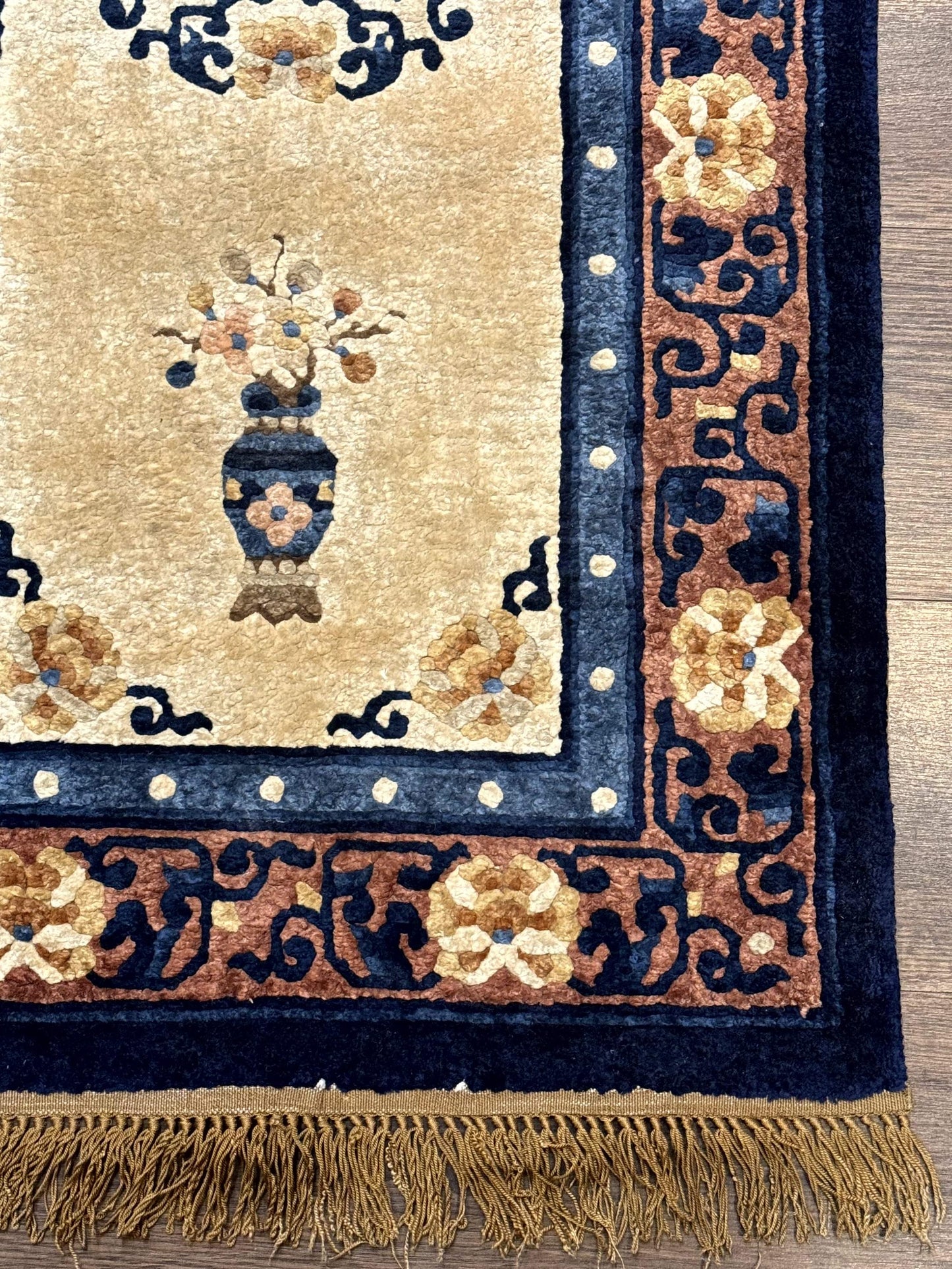 Silk Chinese Rug 2x4, Peking Carpet, Golden-Beige and Blue, Hand Knotted, Simple Design - Nuvé