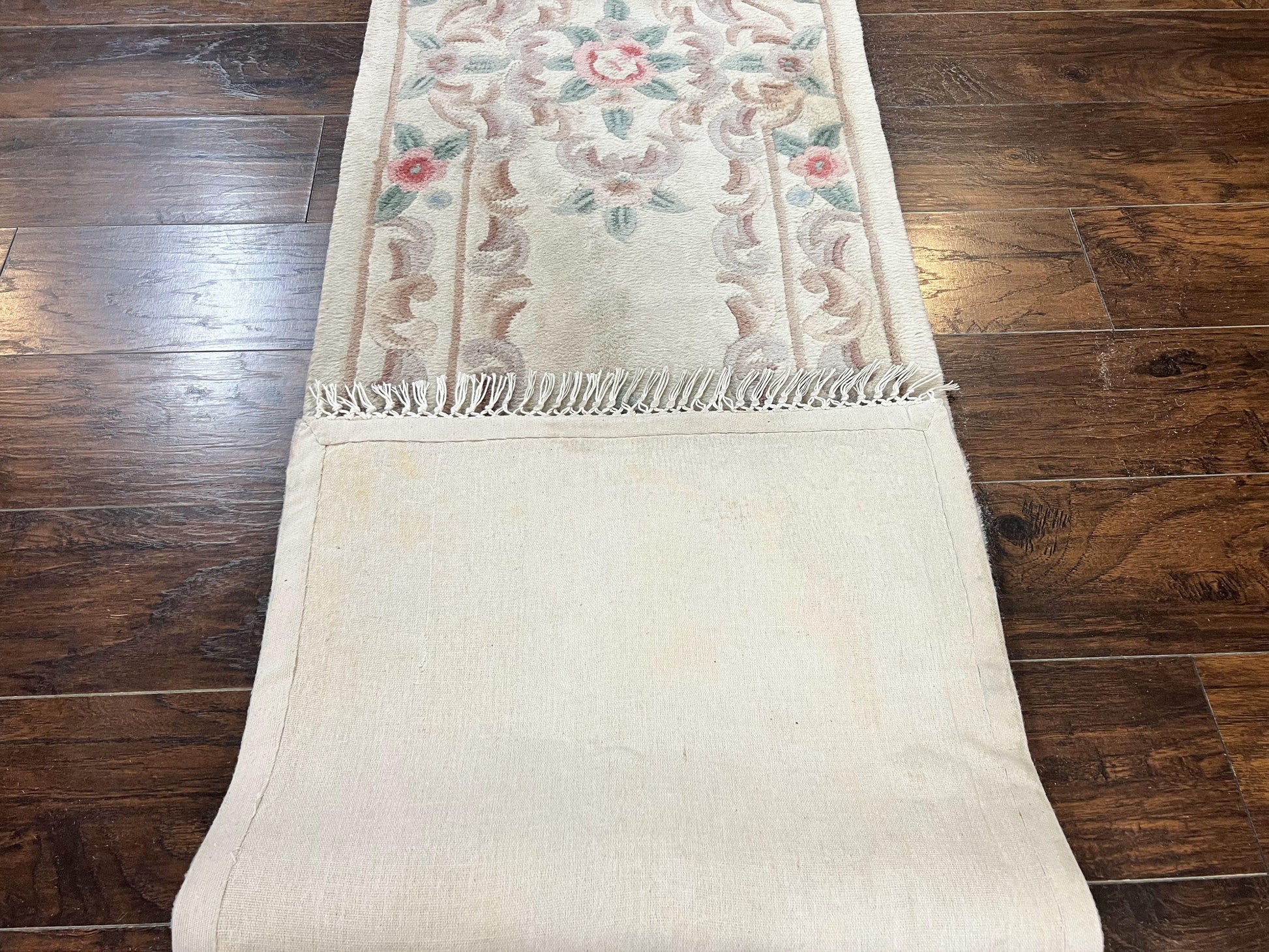 Chinese Aubusson Runner Rug 2.4 x 11, Hand Tufted Beige Floral European Design Hallway Rug, Elegant Rug, Vintage Wool Rug 11ft Long - Nuvé