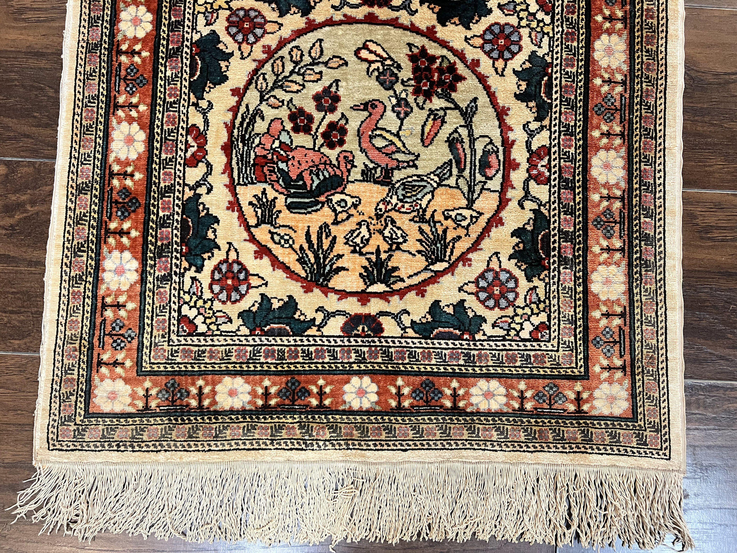 Silk Turkish Rug 2x4, Fine Handmade Oriental Rug, Animal Pictorial Birds Silk Pile on Silk Foundation Vintage Hand Knotted Hereke Carpet - Nuvé