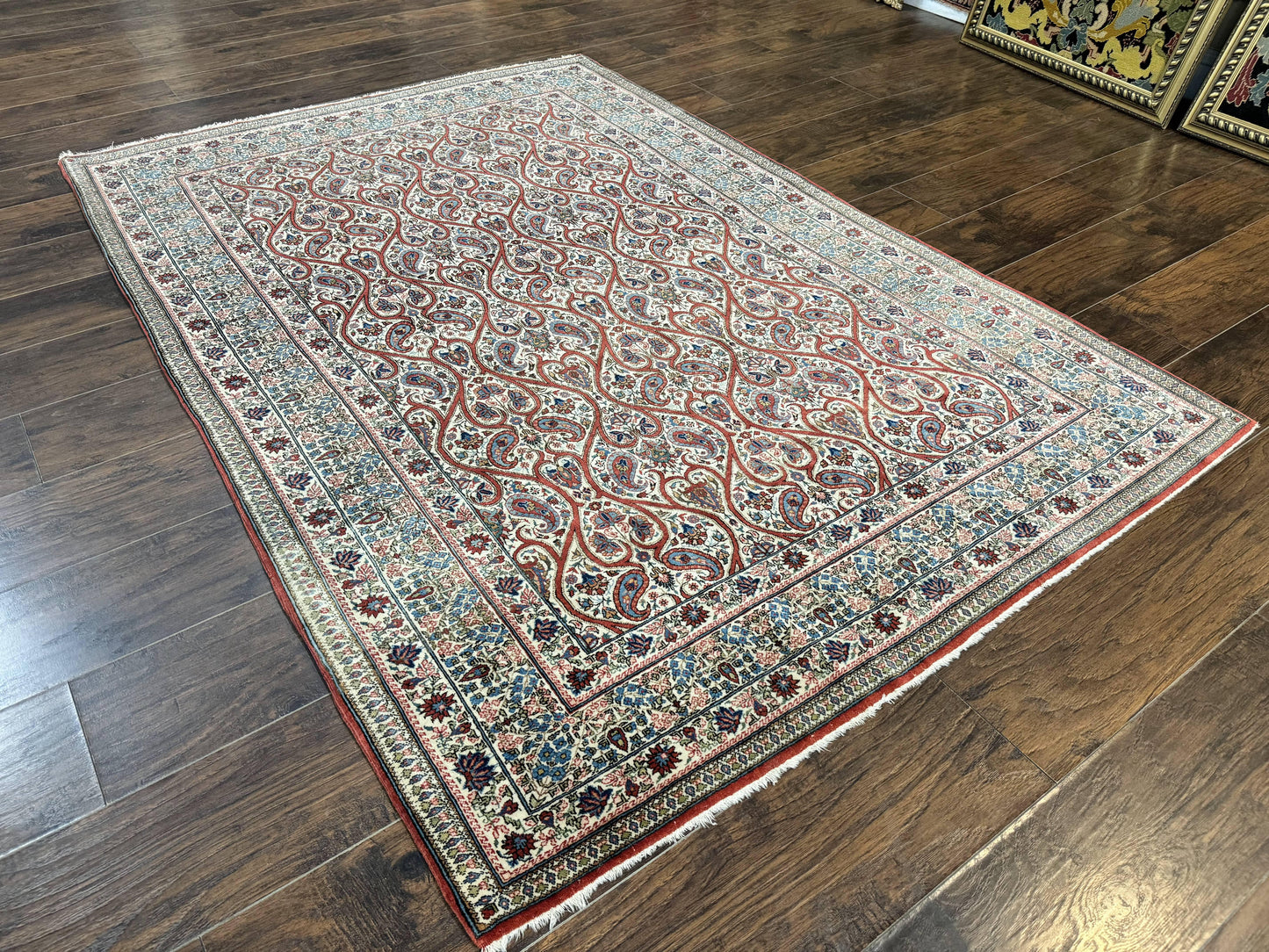 Unique Persian Qum Rug 5x7, Repeated Paisely Boteh Design, Ivory Red Blue, Handmade Antique Wool Persian Carpet, Finely Hand Knotted - Nuvé