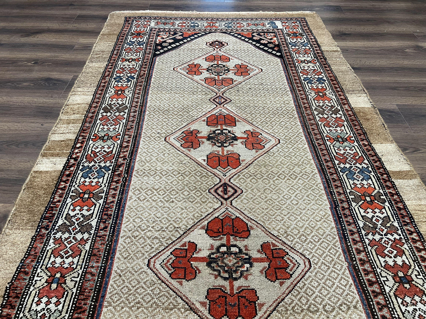 Rare Persian Sarab Tribal Runner Rug 4 x 10, Antique, Geometric Medallions, Camel Hair Runner - Nuvé