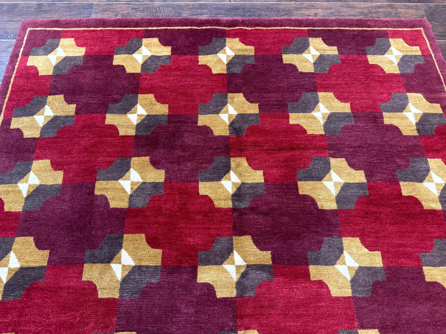 Modern Tibetan Rug 5 x 6.8, Wool, Red, Allover Pattern, Nepali Rug, Abstract Rug, Handmade Area Rug - Nuvé