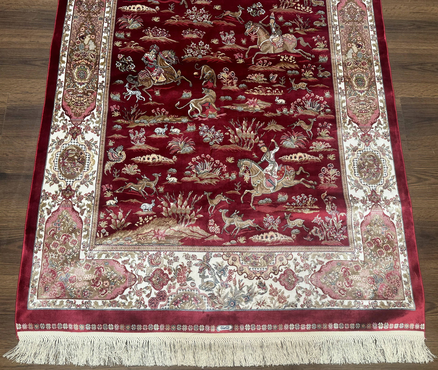 Turkish Silk Hunting Design Rug 4x6, Dark Red & Ivory, Bamboo Silk, New - Nuvé
