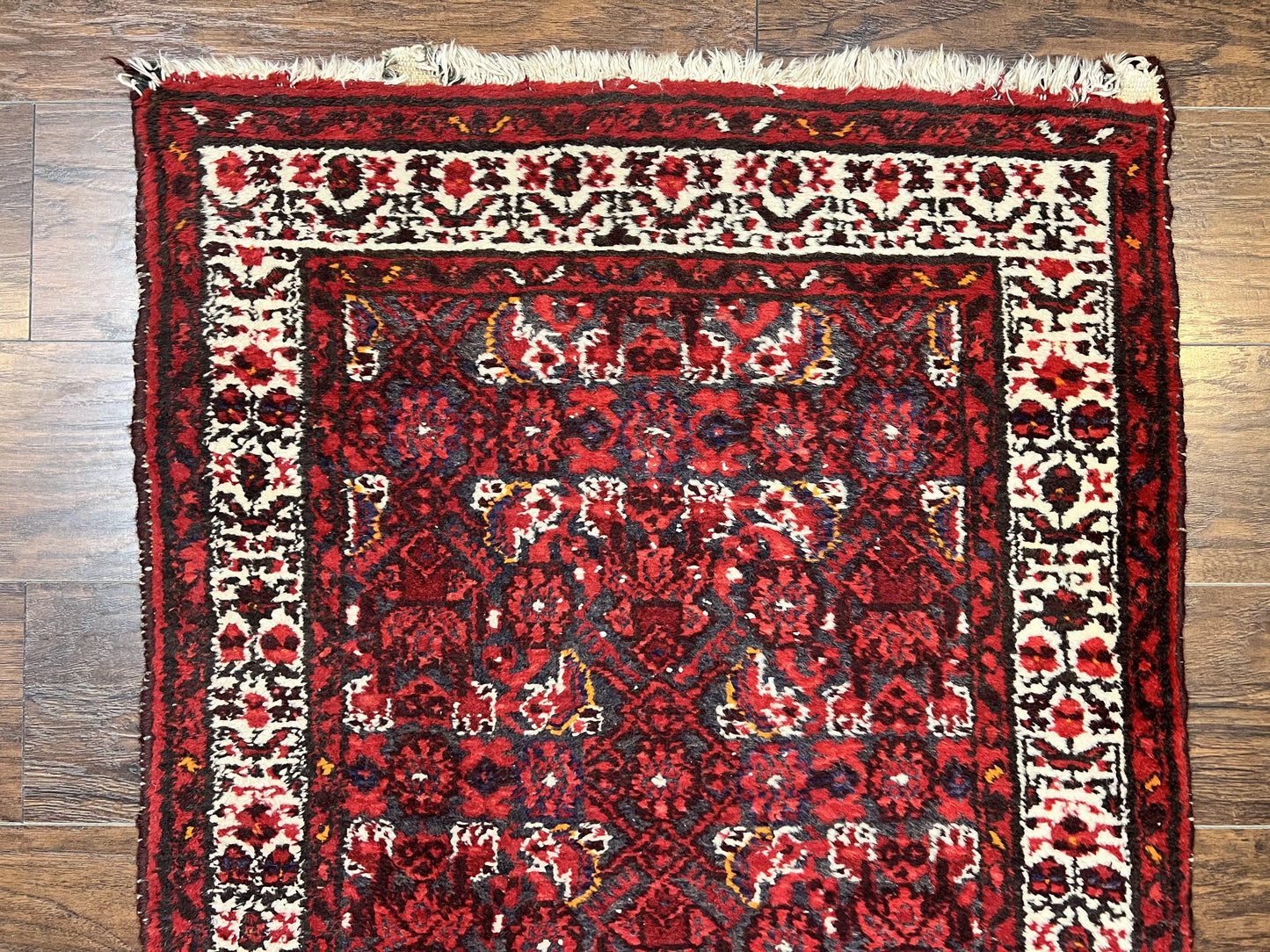 Persian Tribal Runner 3 x 9, Hamadan Dargazin Rug, Dark Blue and Red Wool Hand Knotted Hallway Rug, Vintage Antique Oriental Runner, 9ft Long Runner, Herati - Nuvé