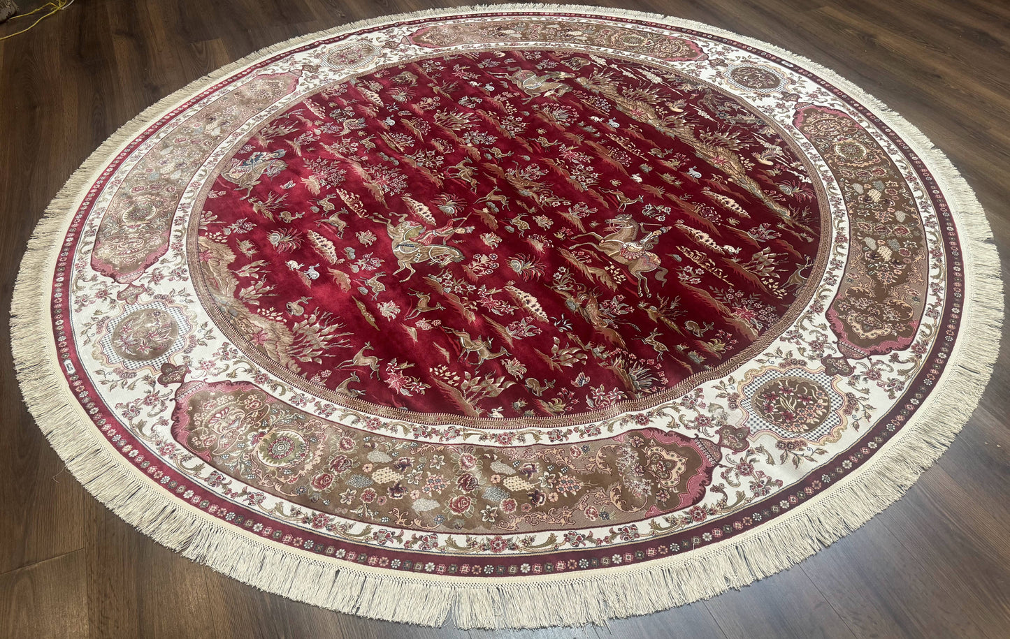 Large Round Turkish Silk Rug 8x8, Hunting Design, Dark Red & Ivory, Bamboo Silk - Nuvé