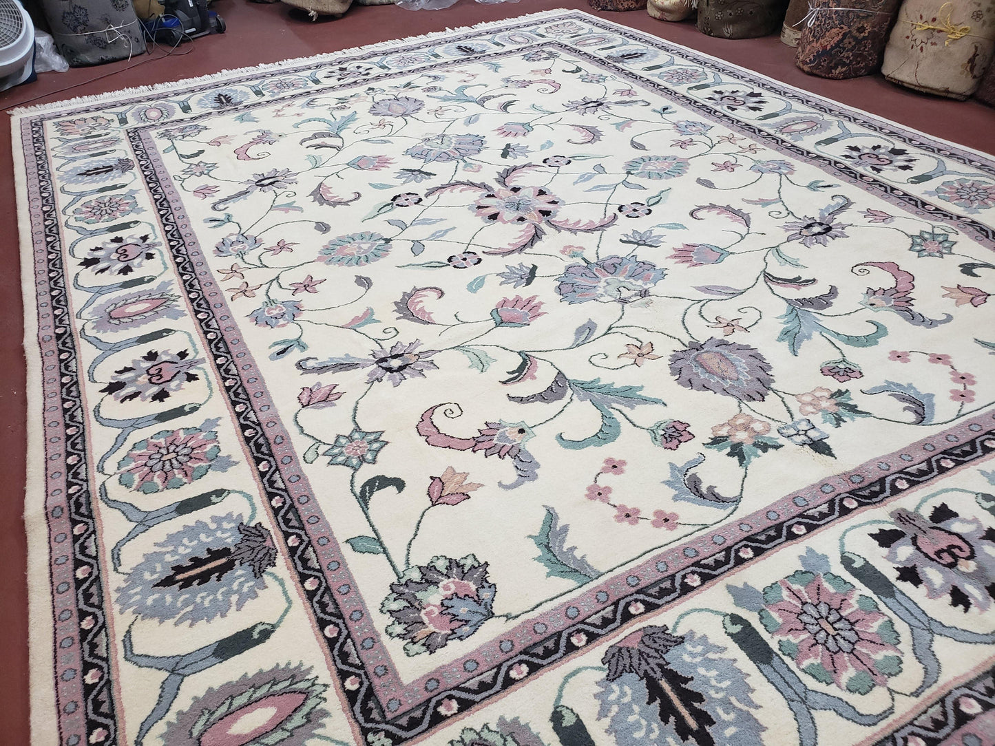 Ivory & Teal Indo Persian Area Rug 9x12, Wool Hand-Knotted Oriental Carpet, 9 x 12 Soft Traditional Living Room Rug, Dining Room Rug - Nuvé