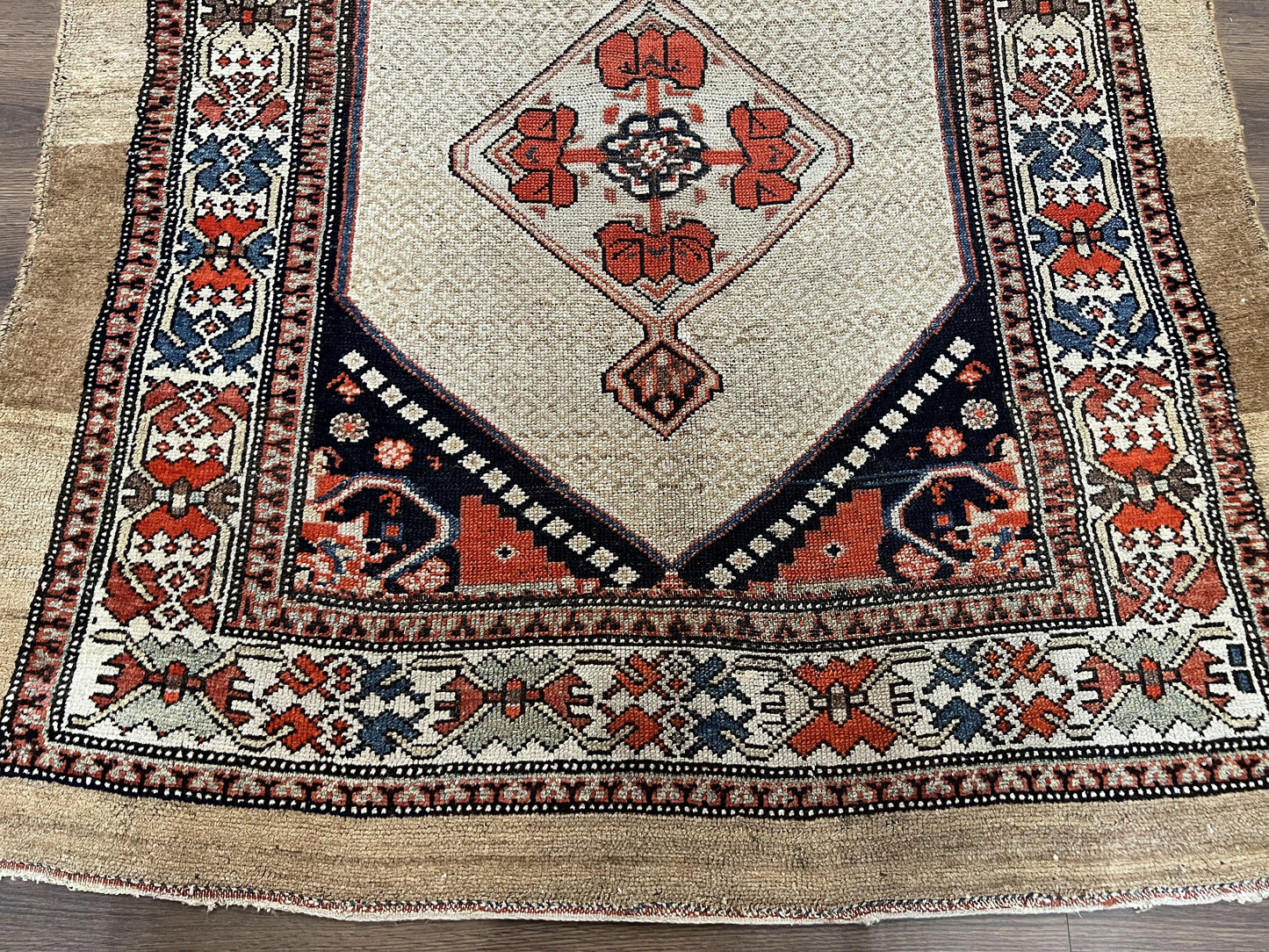 Rare Persian Sarab Tribal Runner Rug 4 x 10, Antique, Geometric Medallions, Camel Hair Runner - Nuvé