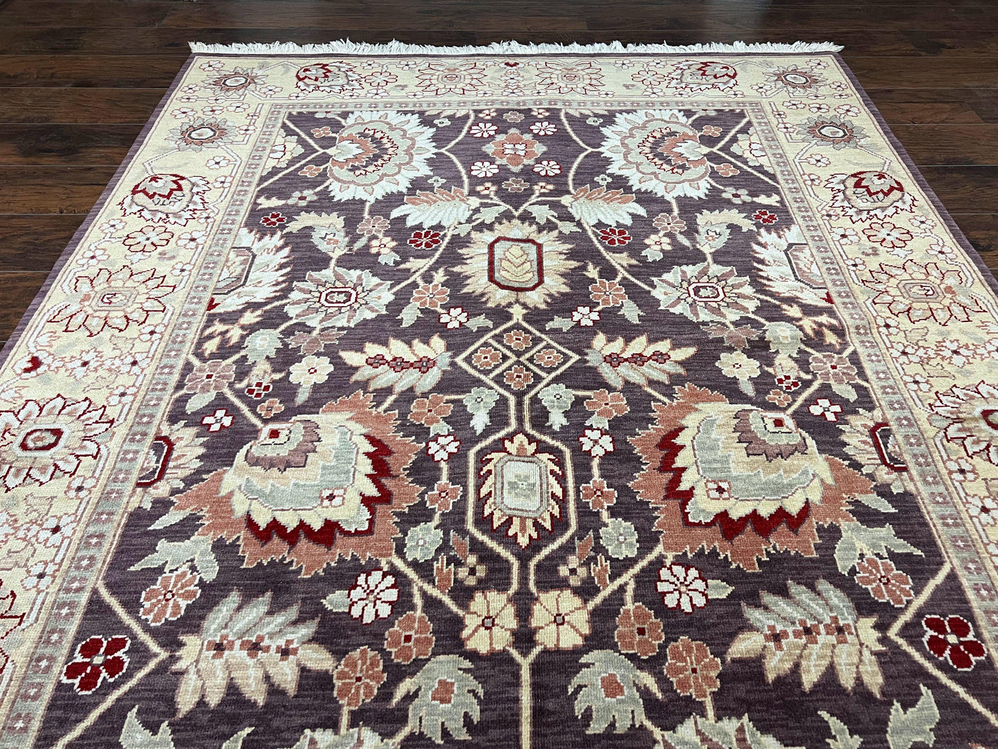 Vintage Indo Mahal Area Rug 6x9, Indian Persian Oriental Carpet 6 x 9, Puce Eggplant Tan Beige Rug, Hand-Knotted, Large Floral Design Wool - Nuvé