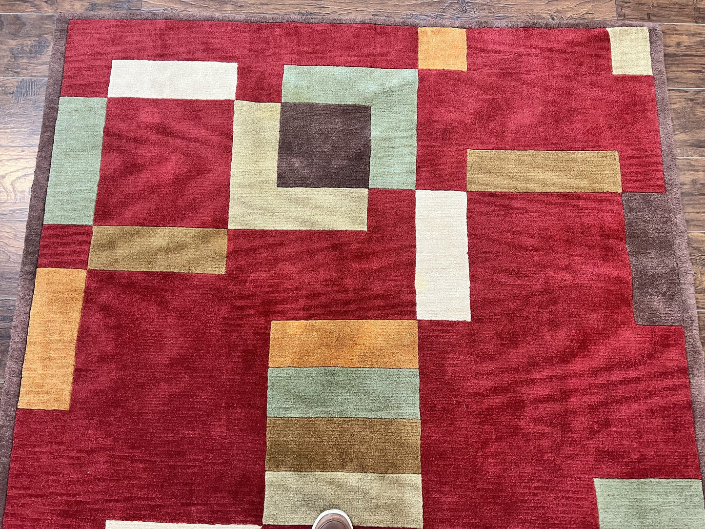 Indo Tibetan Modern Rug 5x8, Abstract Rug 5 x 8 ft, Red Multicolor Wool Handmade Contemporary Area Rug - Nuvé