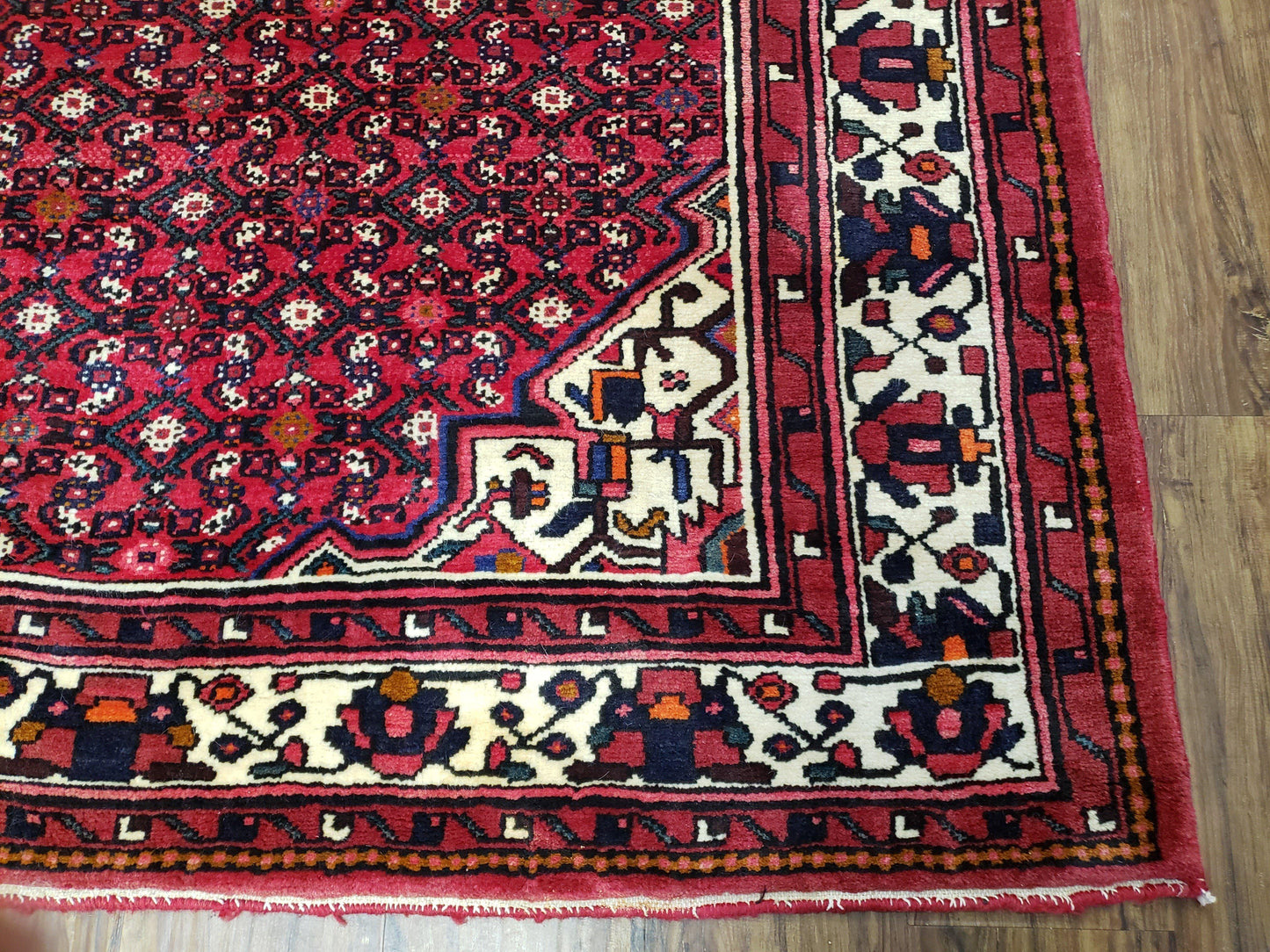 Vintage Persian Hamedan Rug 7x10, Angelas Mahi Pattern, Red, Wool, Hand-Knotted - Nuvé