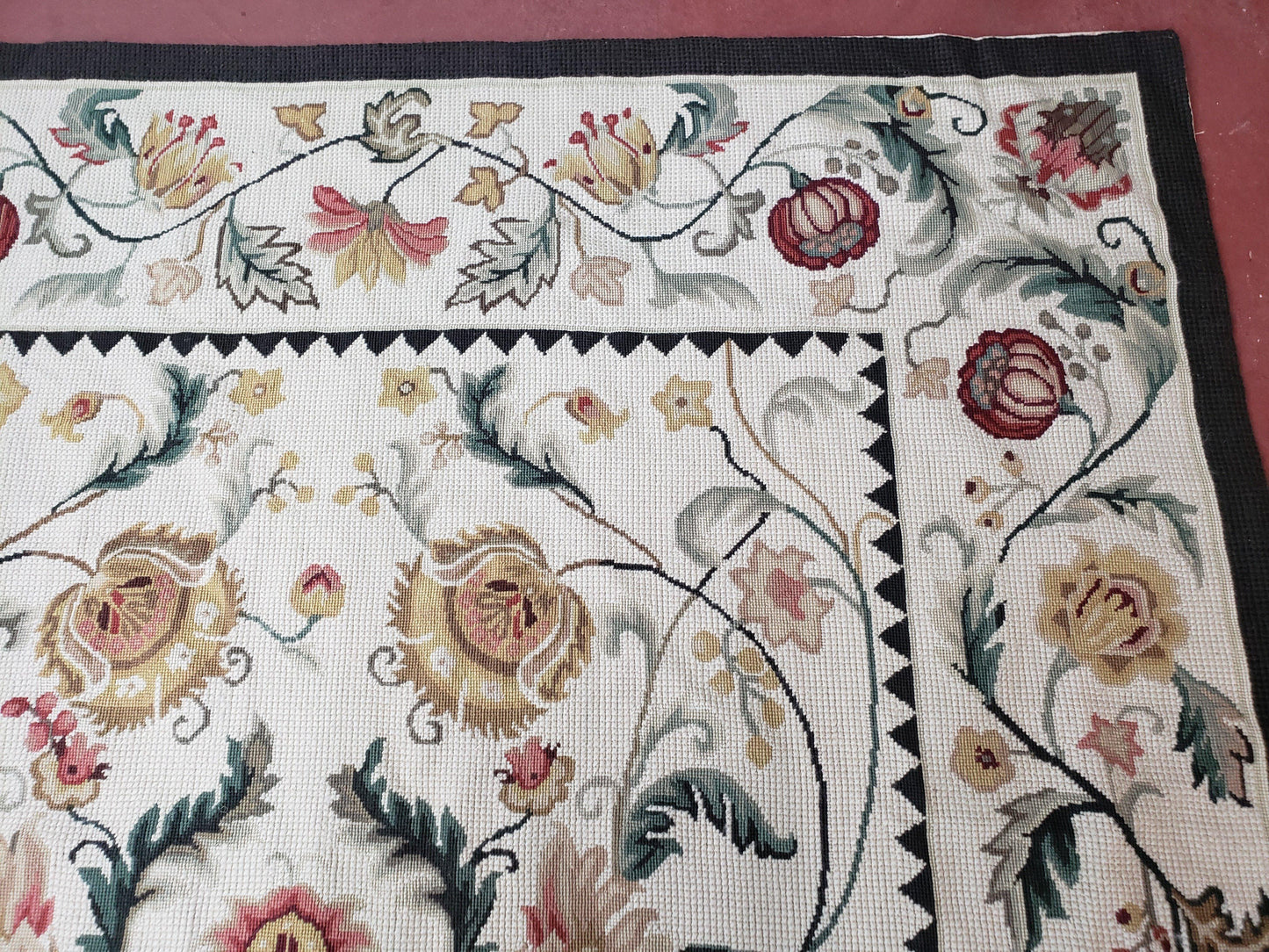 New Needlepoint Rug 9x12, Hand Woven Wool Area Rug, Flatweave Carpet, Handmade Chinese Needlepoint, Floral European Design, Ivory Background - Nuvé