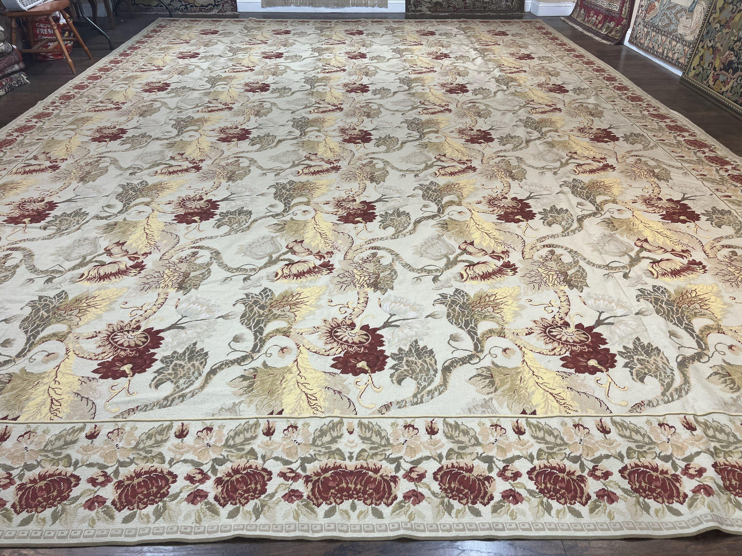 Extra Large Needlepoint Rug 14 x 20, Vintage Handwoven Handmade Wool Flatweave Carpet, Allover Floral Pattern, Elegant European Deisgn Rug - Nuvé