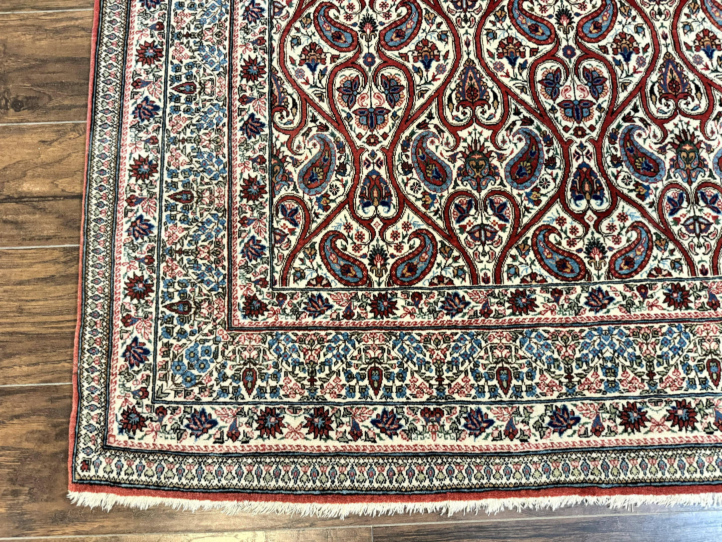 Unique Persian Qum Rug 5x7, Repeated Paisely Boteh Design, Ivory Red Blue, Handmade Antique Wool Persian Carpet, Finely Hand Knotted - Nuvé