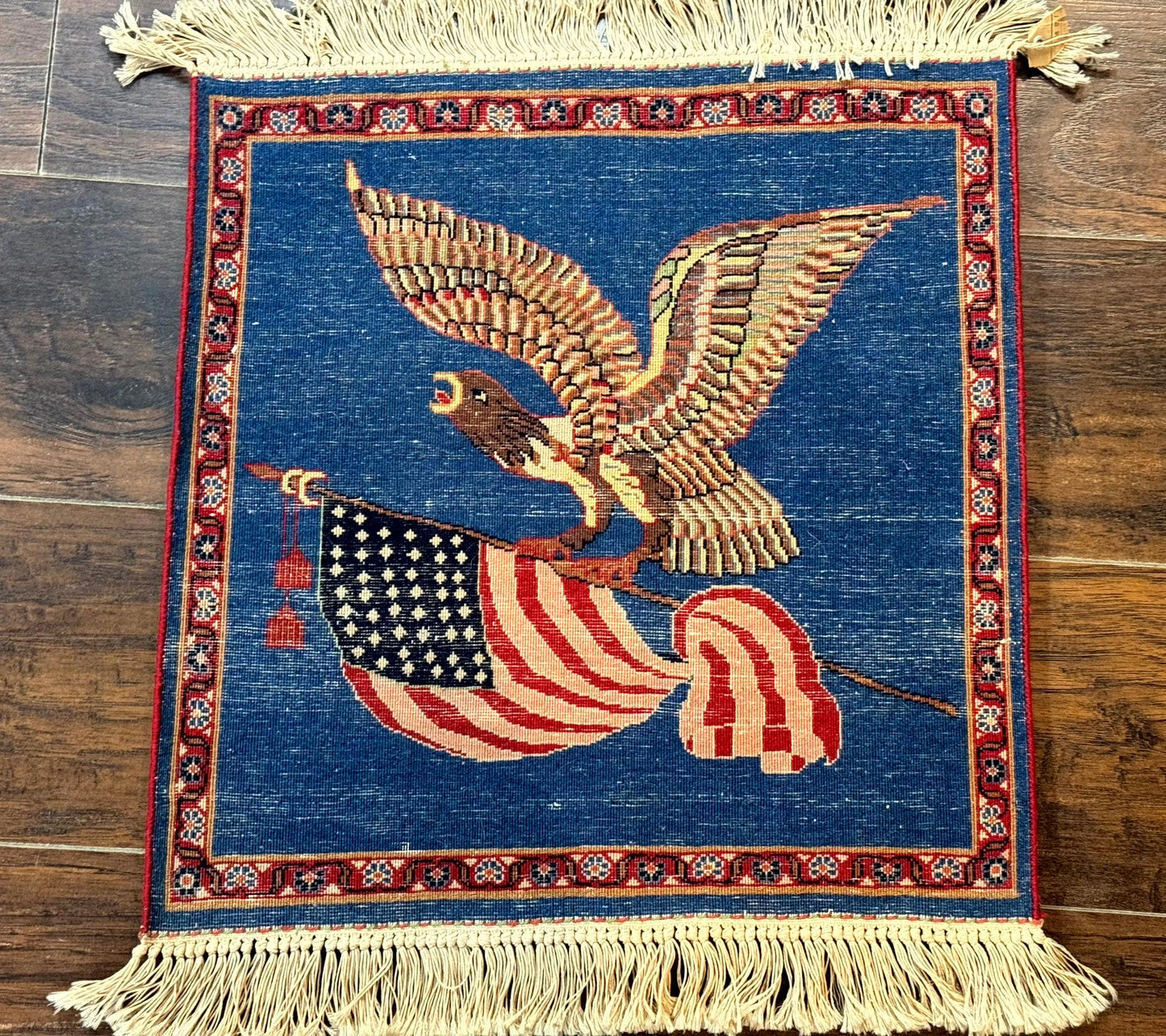 Pictorial Rug of American Flag with Bald Eagle, Small Indo Persian Pictorial Rug, Blue, Handmade, Very Fine 330 KPSI - Nuvé