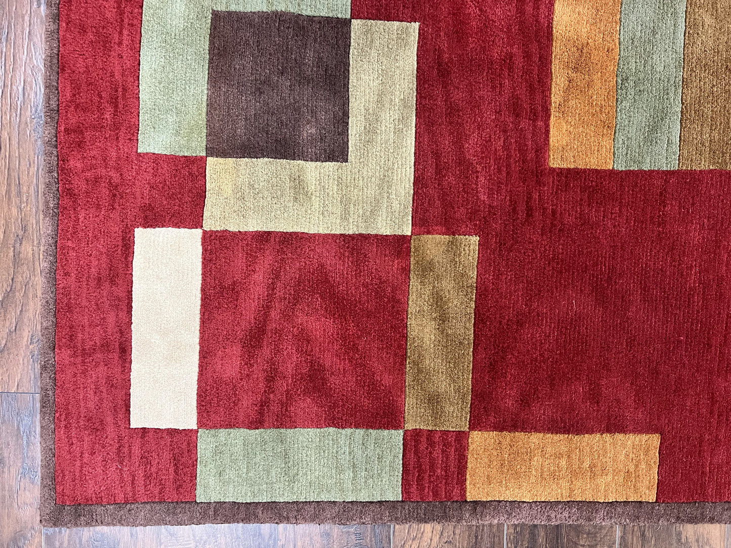Indo Tibetan Modern Rug 5x8, Abstract Rug 5 x 8 ft, Red Multicolor Wool Handmade Contemporary Area Rug - Nuvé