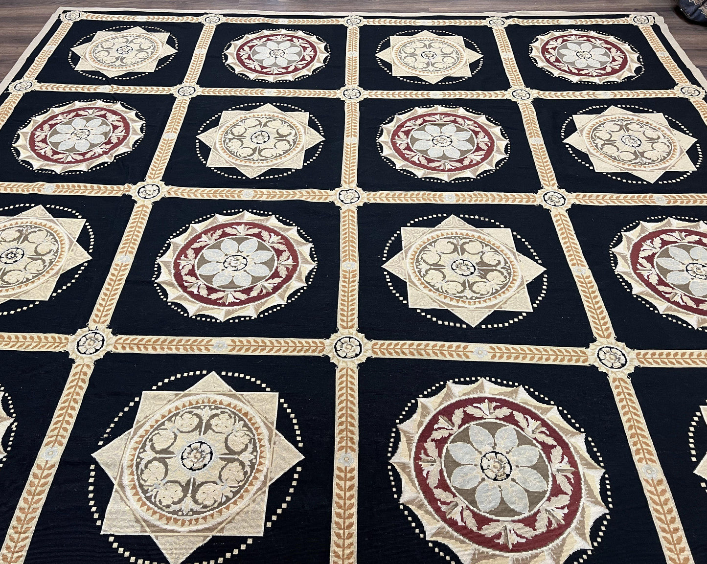 Large Needlepoint Rug 10x13, Panel Design, Black and Beige, Wool Needlepoint Carpet 10 x 13, English Garden, Handwoven Area Rug, Living Room - Nuvé