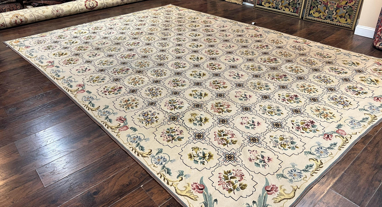 Needlepoint Rug 10x14, Wool Handmade Vintage Needlepoint Carpet, Floral Panel Design, Ivory/Cream - Nuvé