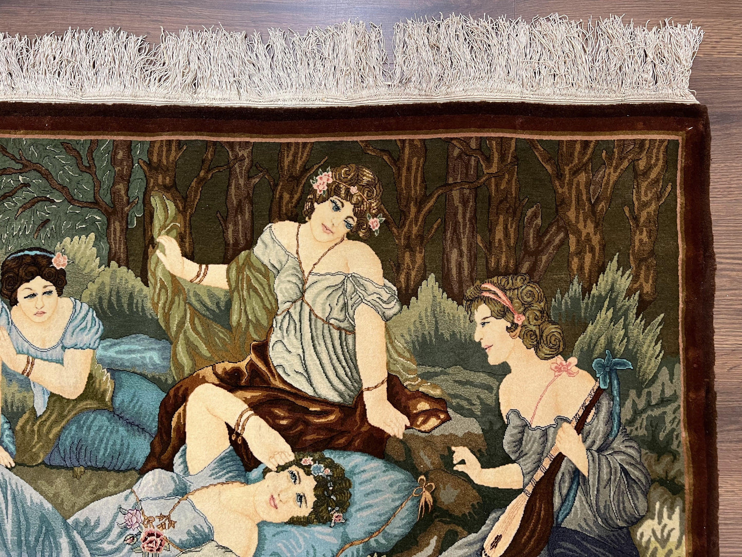 Persian Tabriz Pictorial Rug 5x3, Women Laying By River, Super Fine 60 Raj 480+ KPSI, Hand Knotted Wool Rug, Semi Antique Vintage Oriental Carpet - Nuvé
