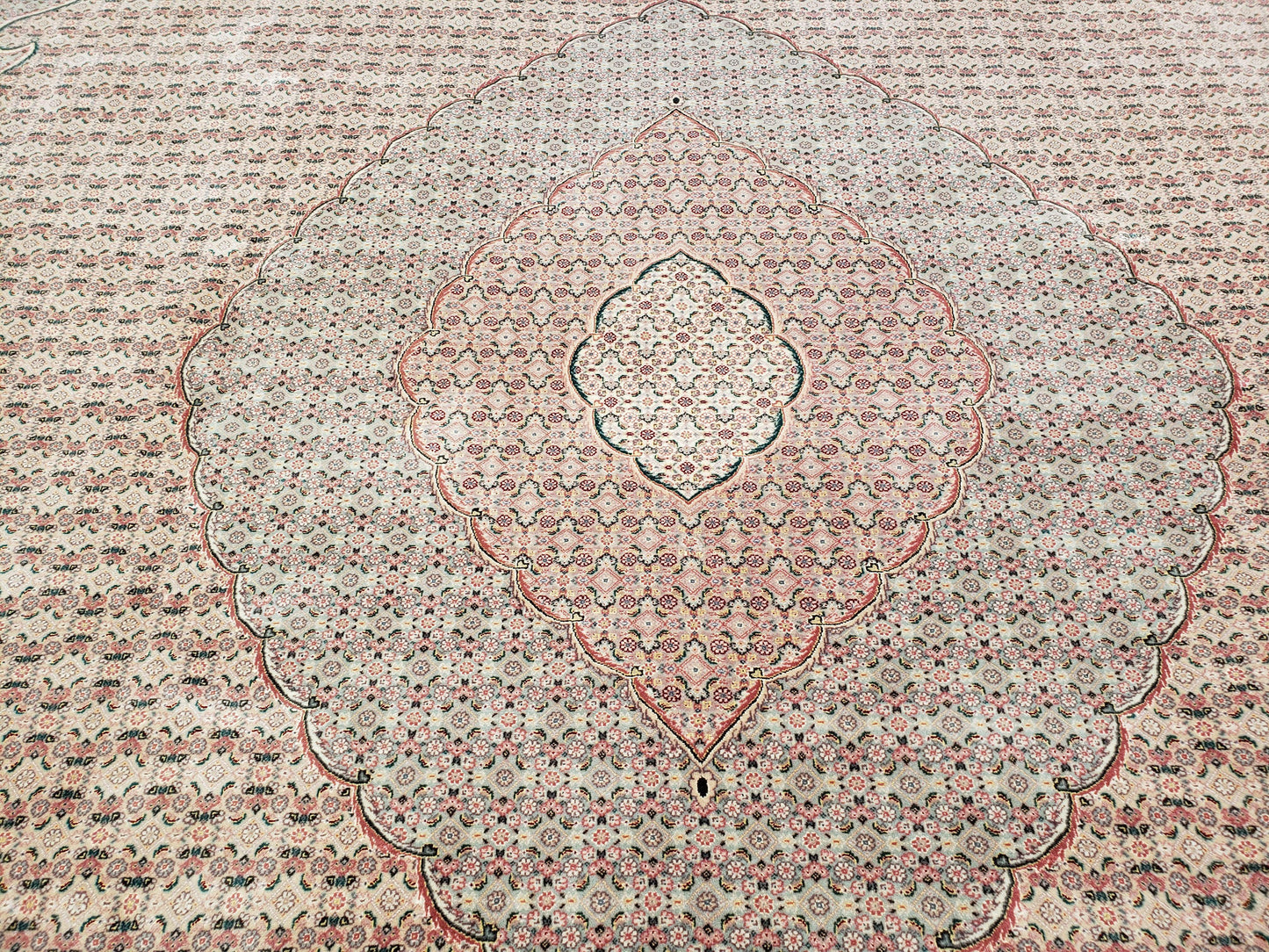 Stunning Oversized Sino Persian Oriental Rug 12x15, Hand Knotted Wool & Silk Palace Sized Carpet, Mahi Pattern, Very Fine, Peach Beige, Wow - Nuvé