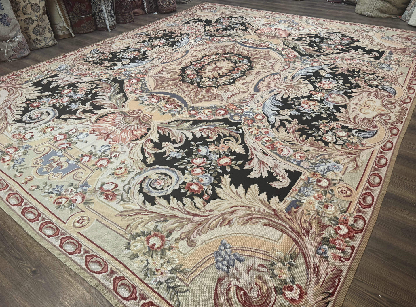 Wonderful Needlepoint Rug 10x14, Large Aubusson Carpet, Floral, Elegant, European Design - Nuvé