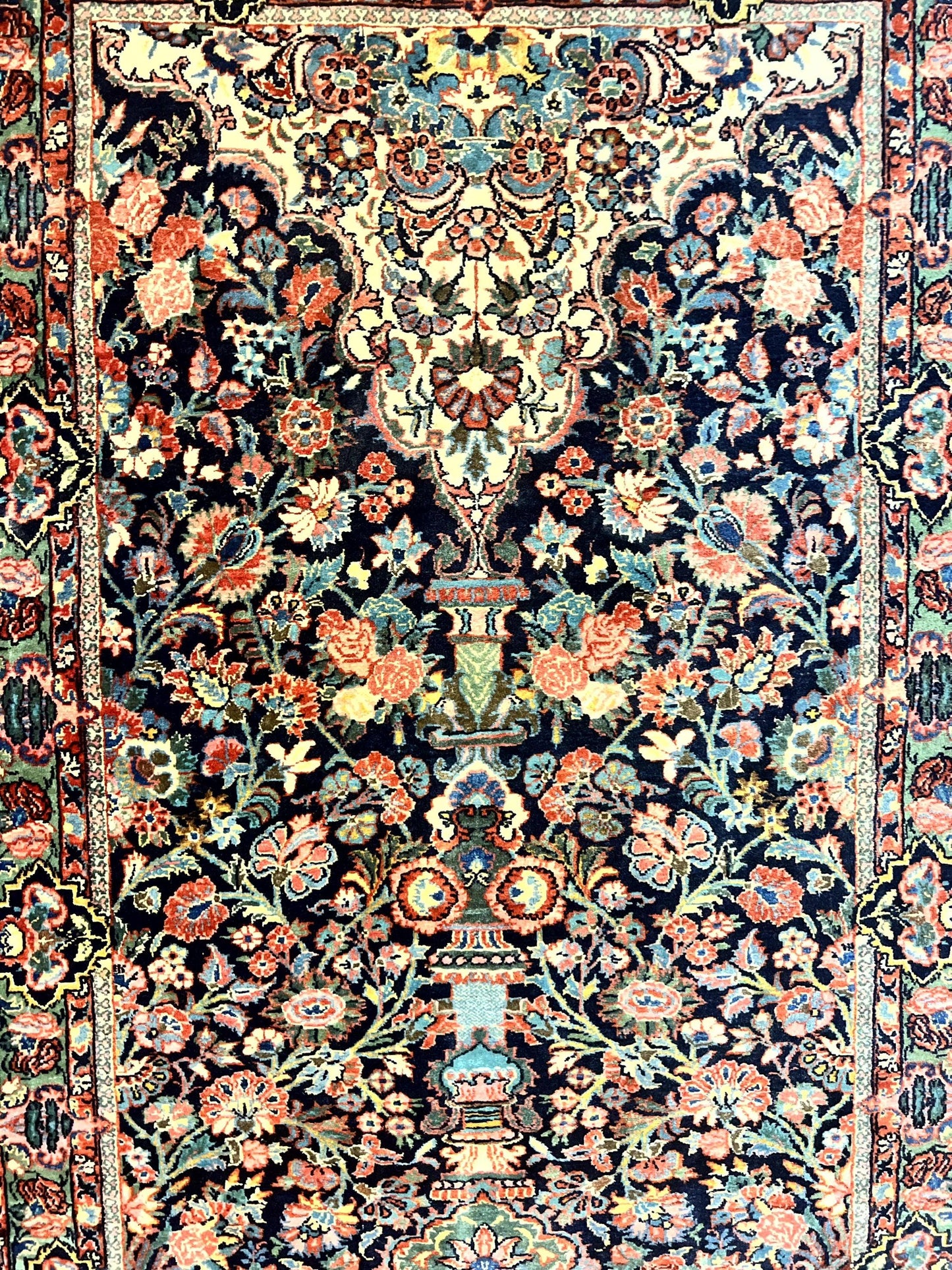 Persian Saoruk Rug 4x5, Navy Blue and Red, Floral, Antique Persian Wool Carpet, Handmade - Nuvé