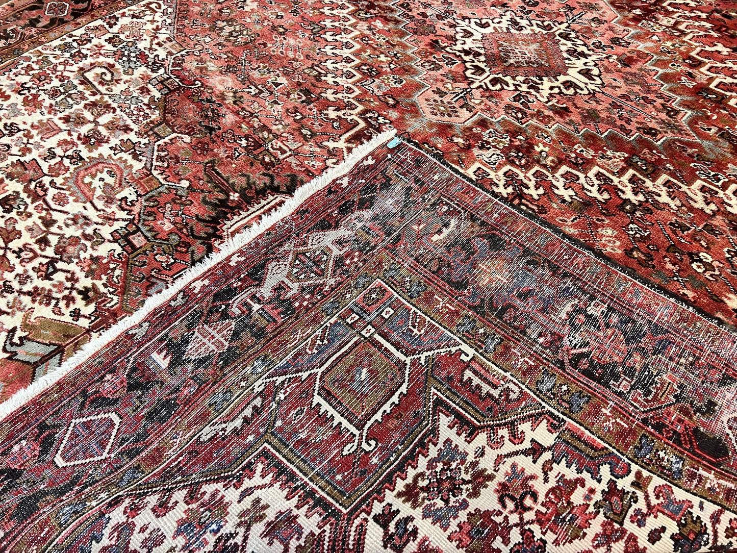 Large Persian Heriz Rug 10x13, Red and Cream Geometric Tribal Room Sized Handmade Wool Hand Knotted Semi Antique Decorative Oriental Carpet - Nuvé
