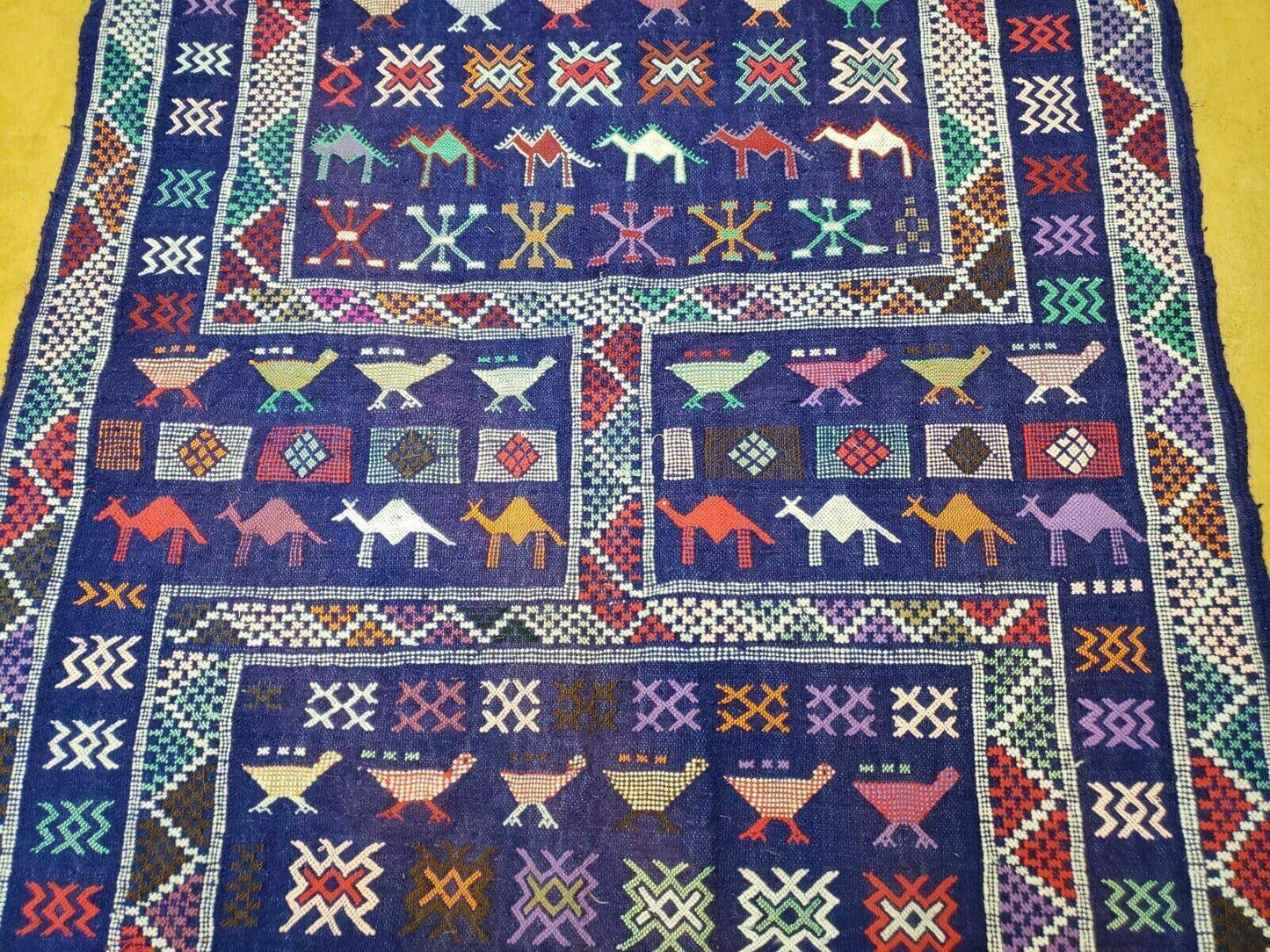3' X 7' Vintage Handmade Indian Wool Kilim Flat weave Rug Camel Birds Blue Geometric Short Runner - Nuvé