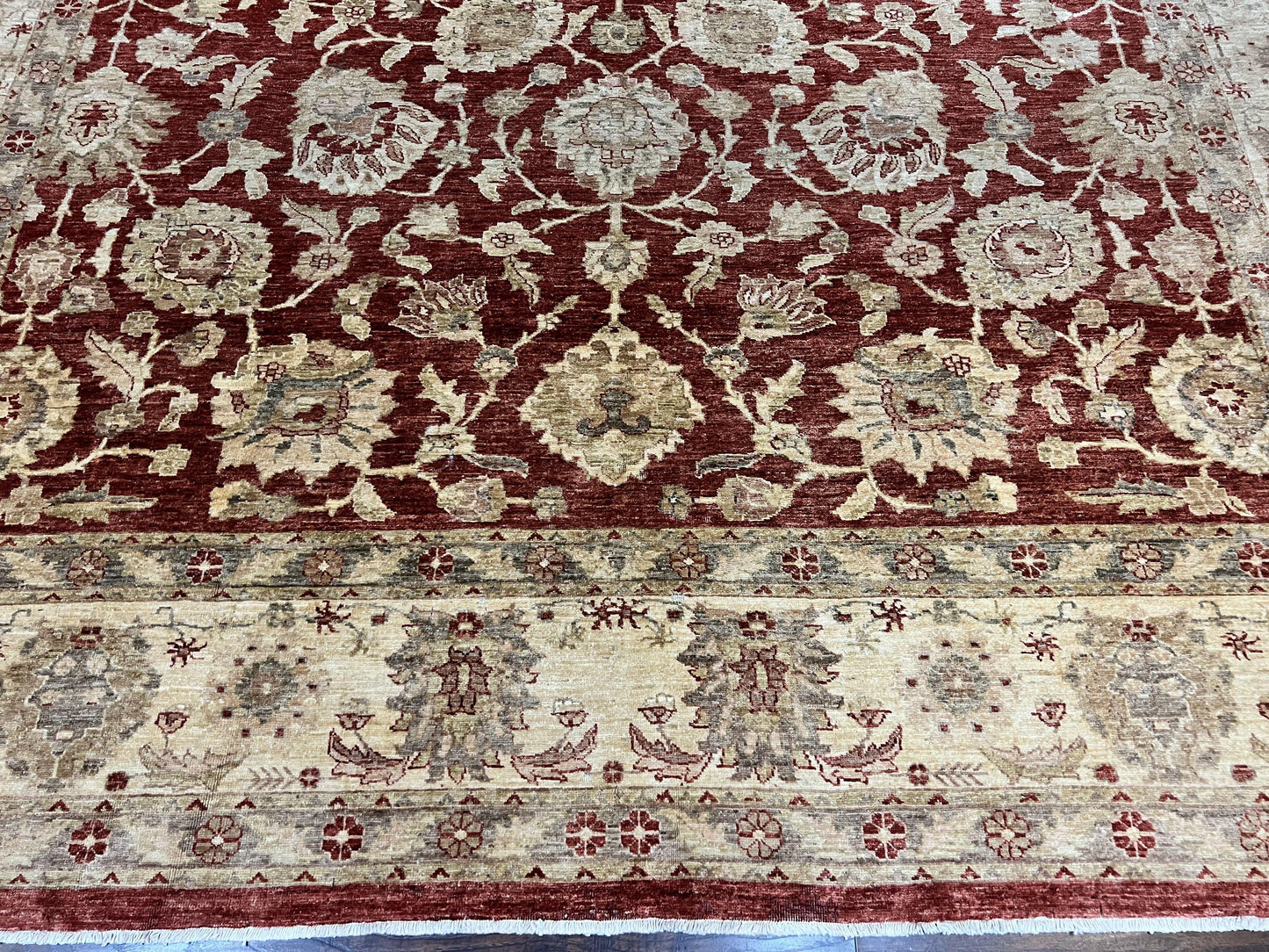 Pak Persian Rug 10x14, Sultanabad Mahal Peshawar Chobi Carpet, Large Vintage Wool Oriental Rug, Maroon & Beige, Floral Allover, Handmade - Nuvé