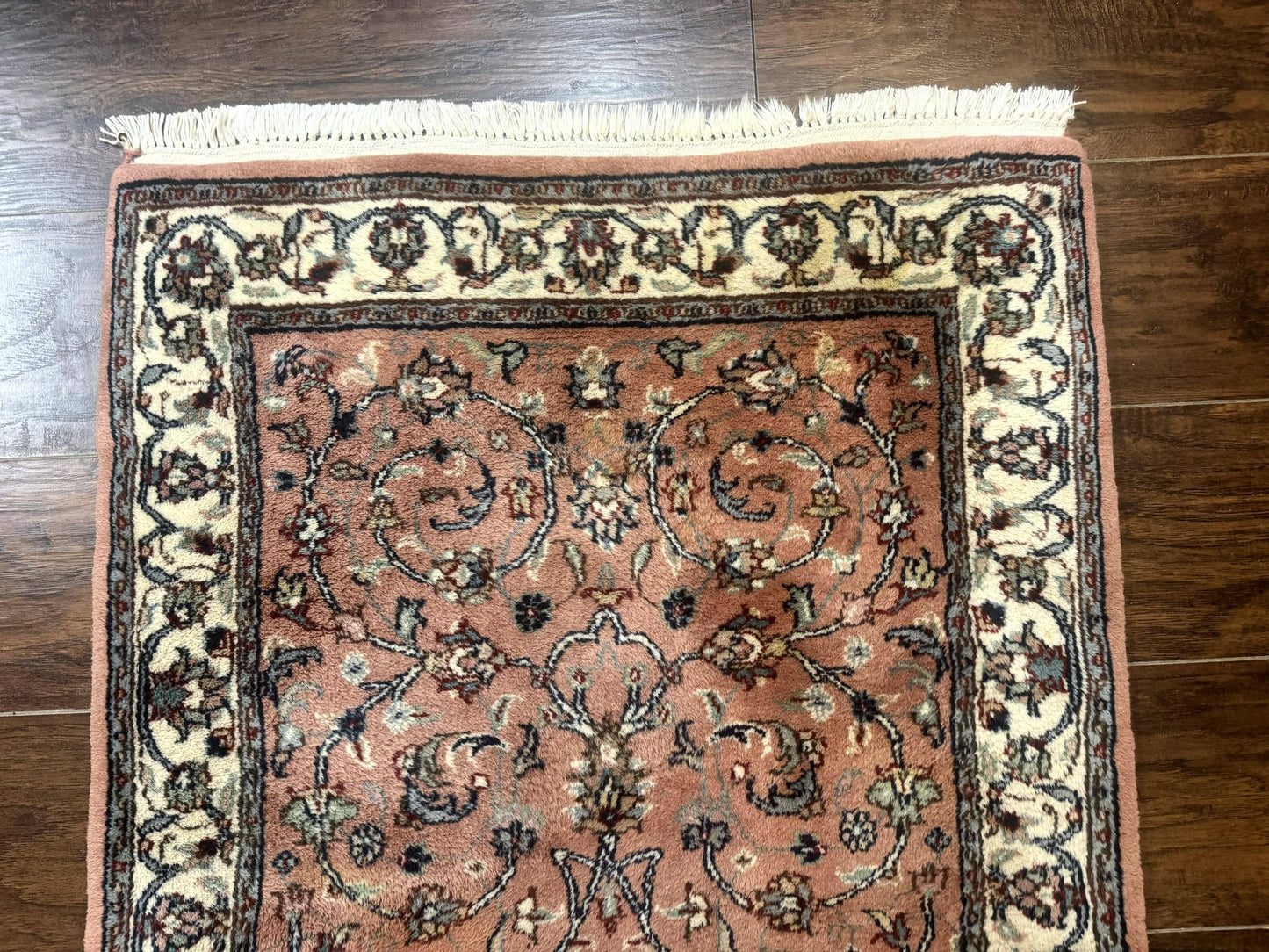 Indo Persian Runner Rug 2.6 x 10, Coral and Cream, Hand Knotted 10ft Wool Oriental Runner for Hallway or Kitchen - Nuvé
