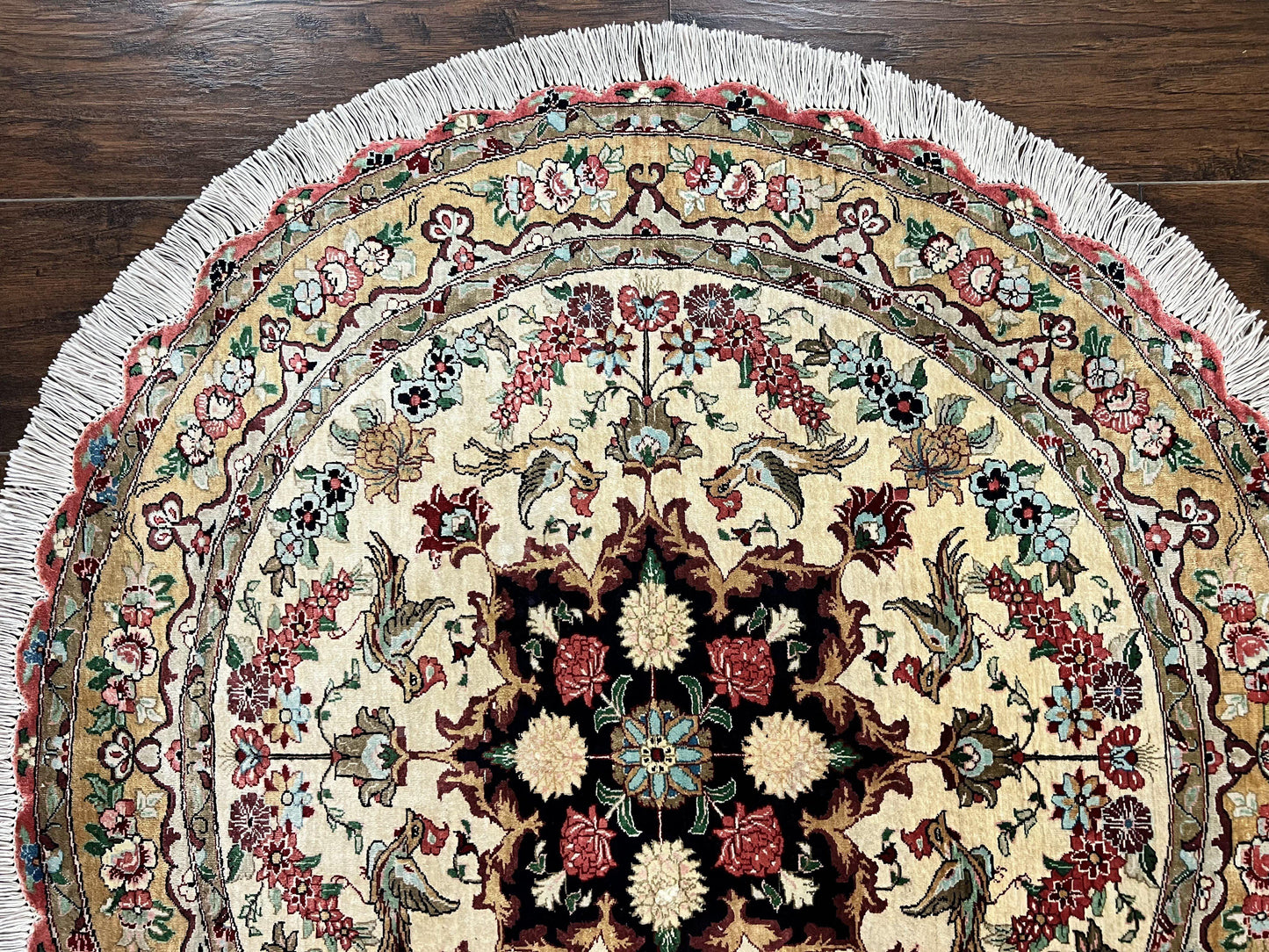 Silk Persian Tabriz Round Rug 3x3 ft, Very Fine Hand Knotted Carpet 380 KPSI, Cream & Gold, Bird Pictorials, Floral, Rare - Nuvé
