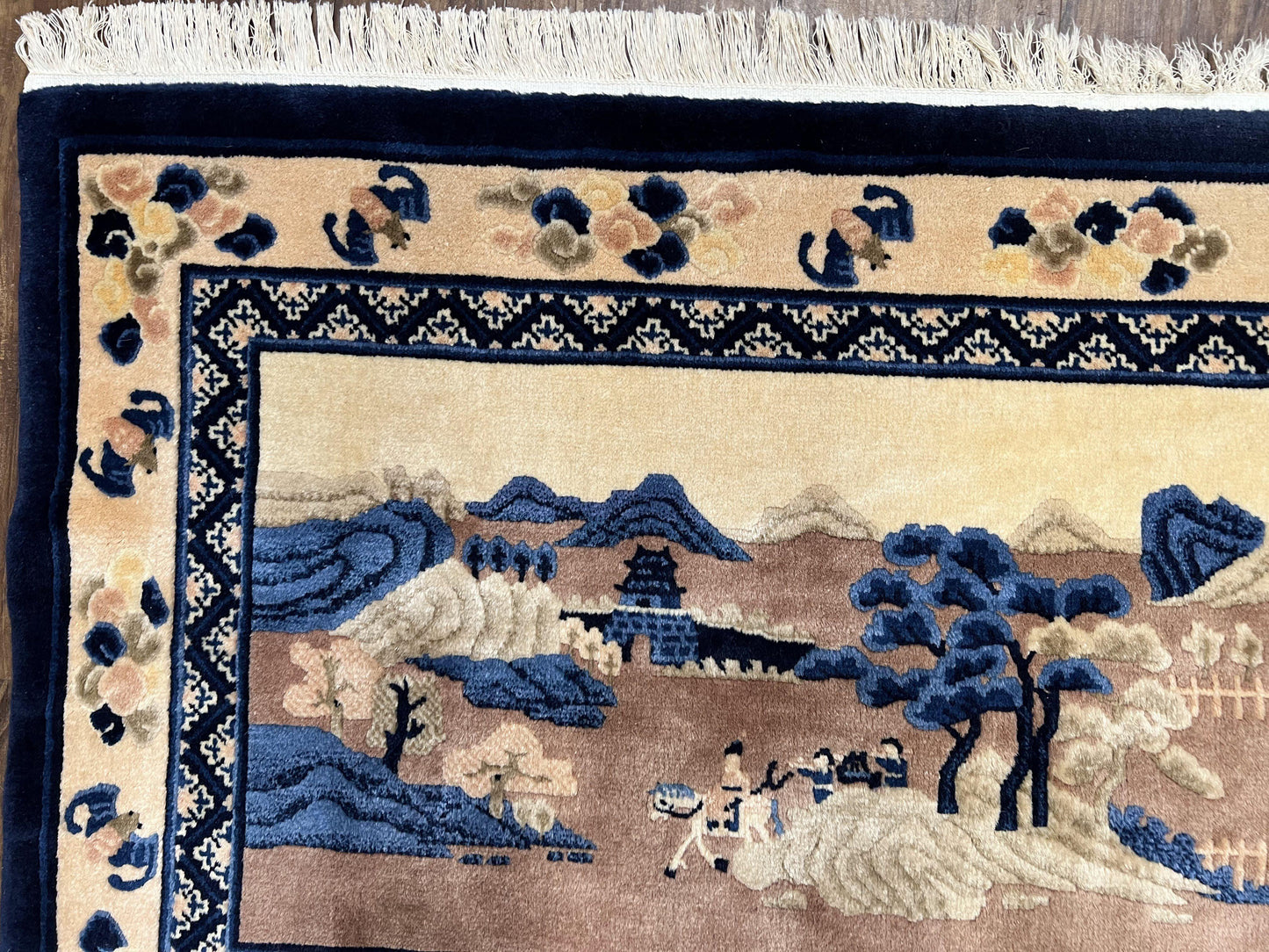Antique Chinese Pictorial Rug 2.7 x 5, Chinese Village and Hills Carpet, Beige and Dark Blue, Handmade, Horizontal Rug Wall Hanging Tapestry - Nuvé