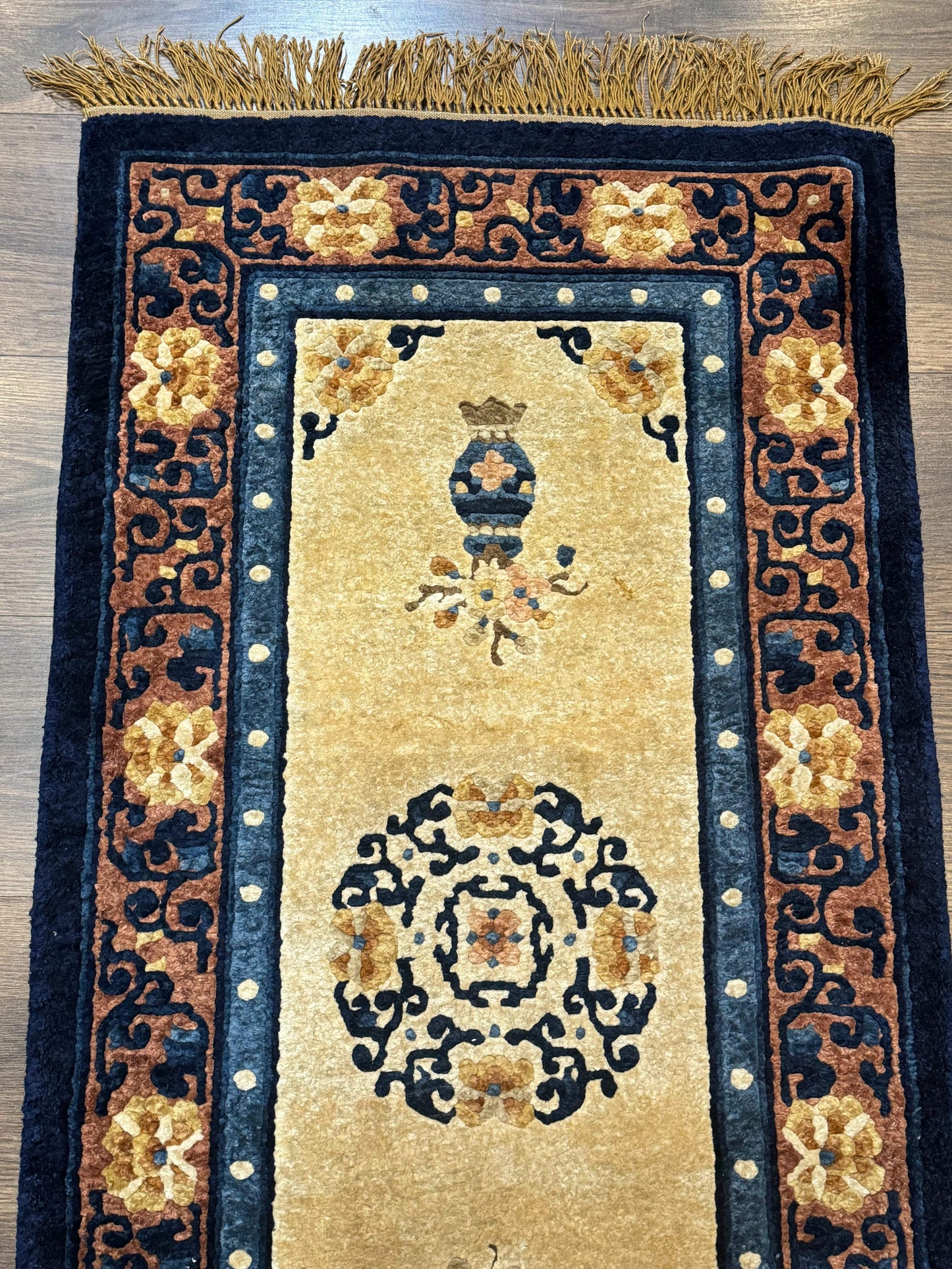 Silk Chinese Rug 2x4, Peking Carpet, Golden-Beige and Blue, Hand Knotted, Simple Design - Nuvé