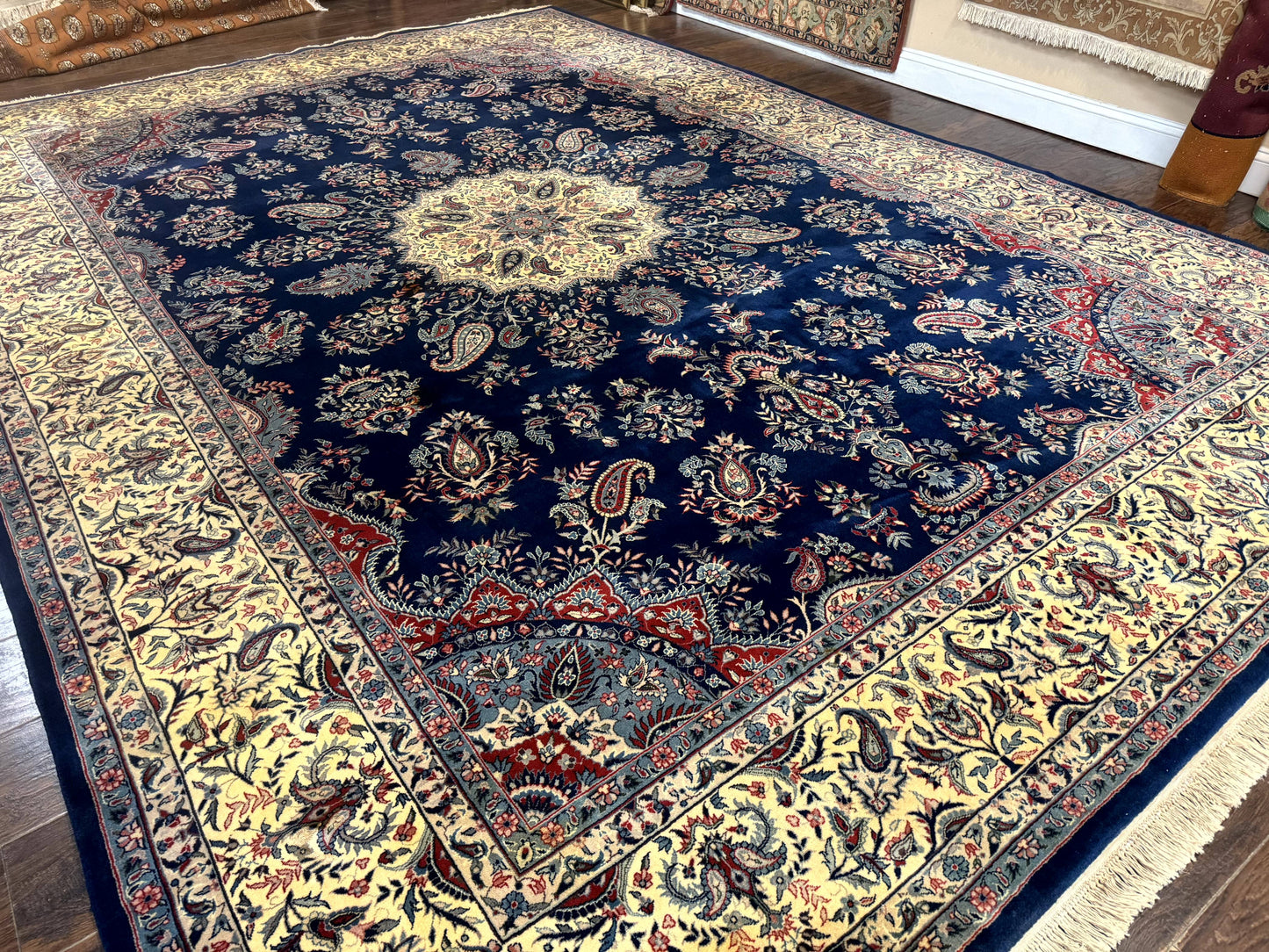 Sino Persian Kerman Rug 10x14, Blue and Beige, Floral Medallion, Fine 240 KPSI - Nuvé