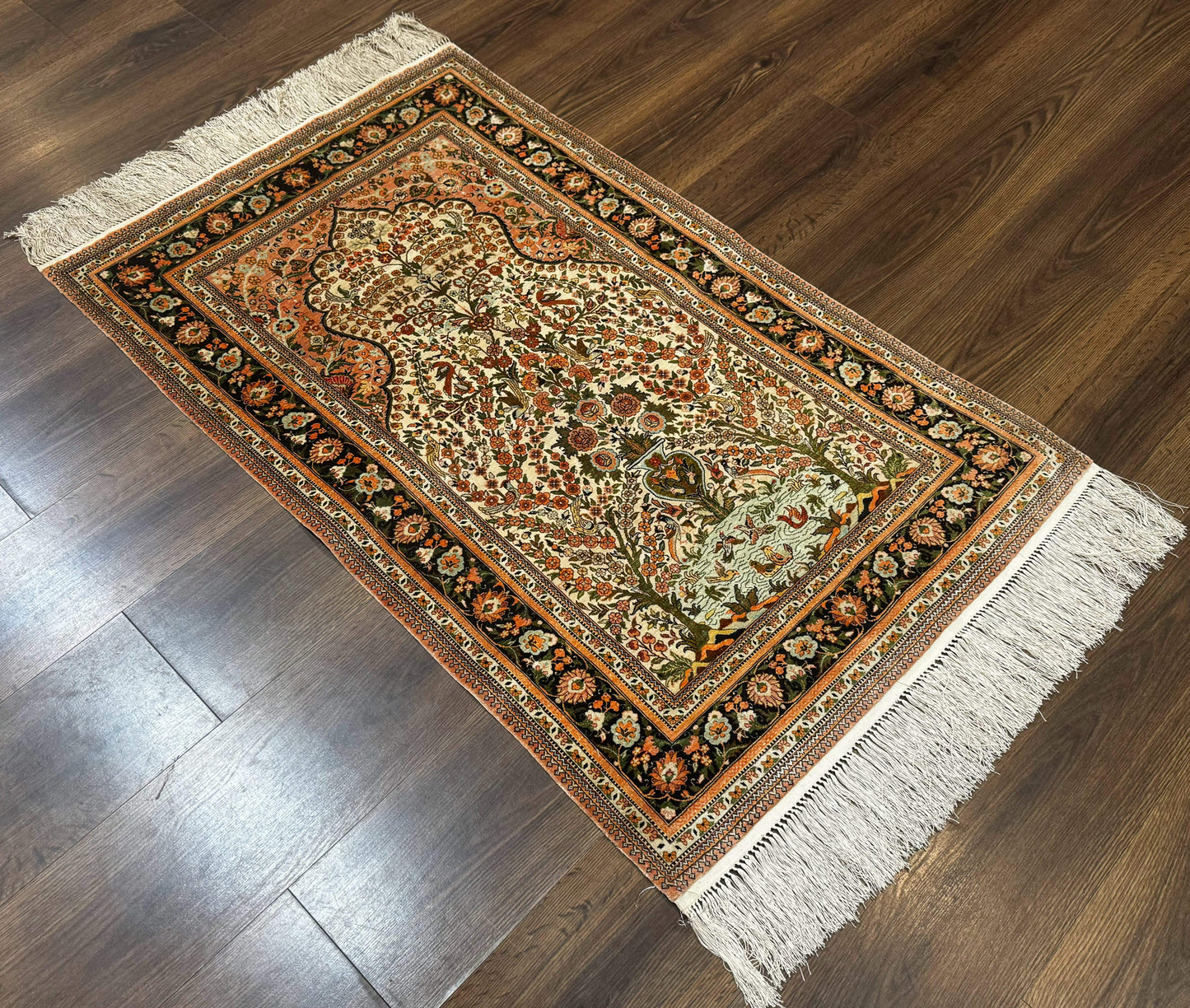 Exceptional Silk Rug 2.6 x 4, Very Fine 630 KPSI, Persian Vase Tree of Life Bird Pictorials, Handmade - Nuvé