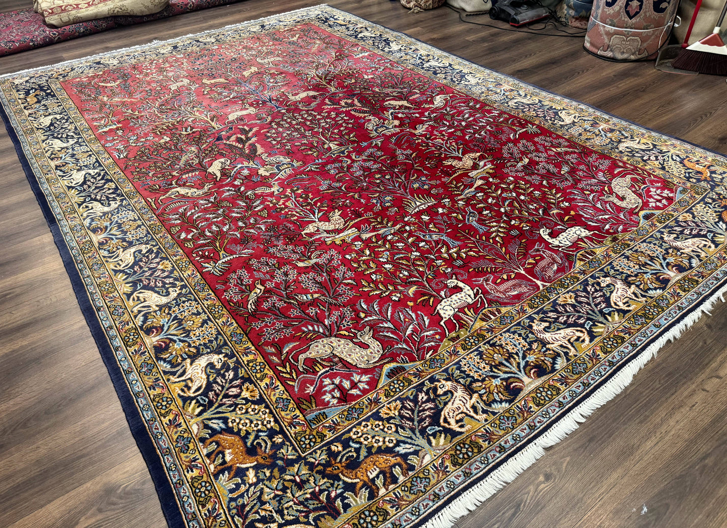 Persian Qum Rug 9x12, Animal Pictorials, Deer Birds, Tree of Life, Red and Navy Blue - Nuvé