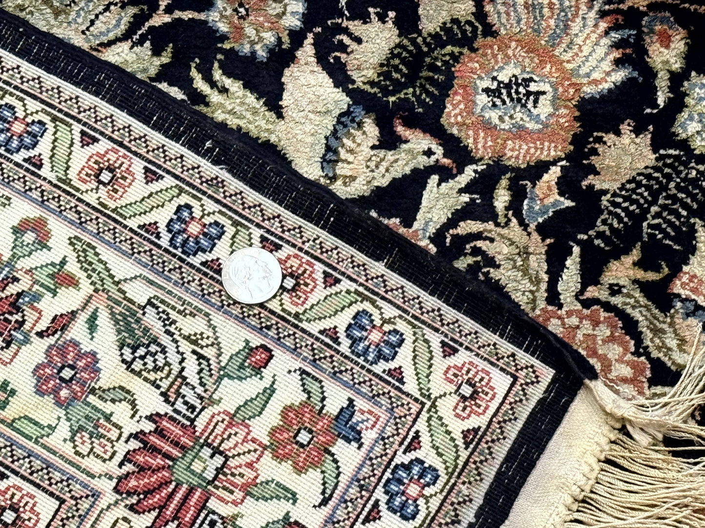 Silk Rug 4x6, Black and Cream, Floral & Bird Pictorials, Fine 330 KPSI, Sino Persian Rug - Nuvé