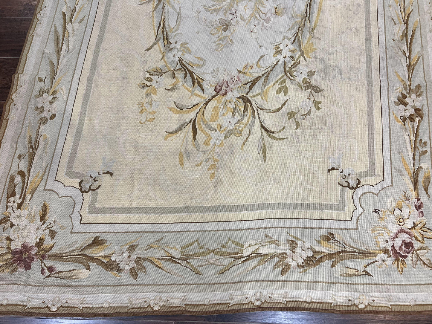 Needlepoint Rug 6x9, Elegant European Design Aubusson Carpet, Vintage Wool Handmade Rug, Light Yellow Ivory - Nuvé