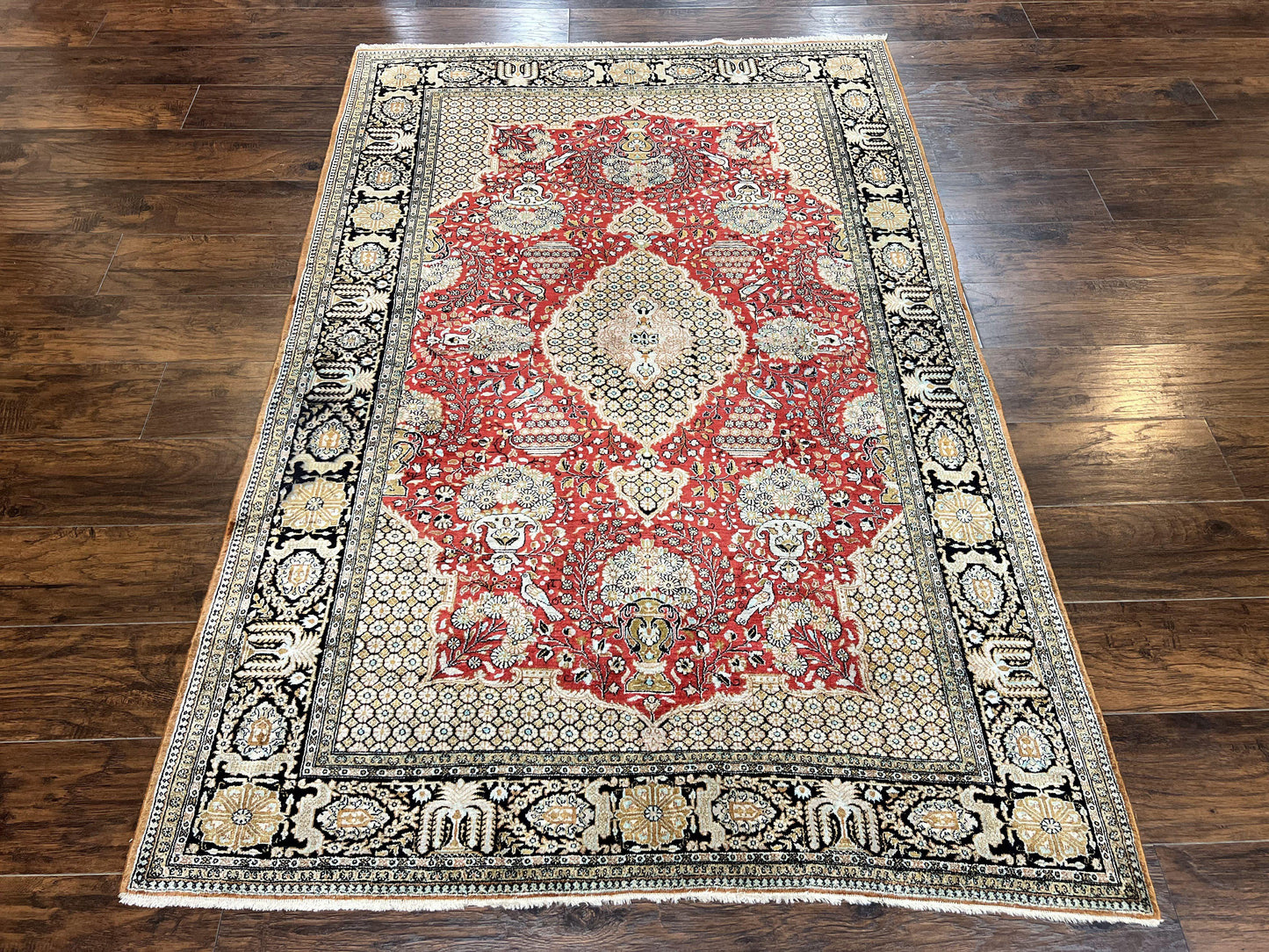 Wonderful Persian Silk Rug 5x7, Birds Floral Vases, Red, Hand Knotted Silk Fine Oriental Carpet, Handmade Vintage, Persian Qum Rug, 400 KPSI - Nuvé