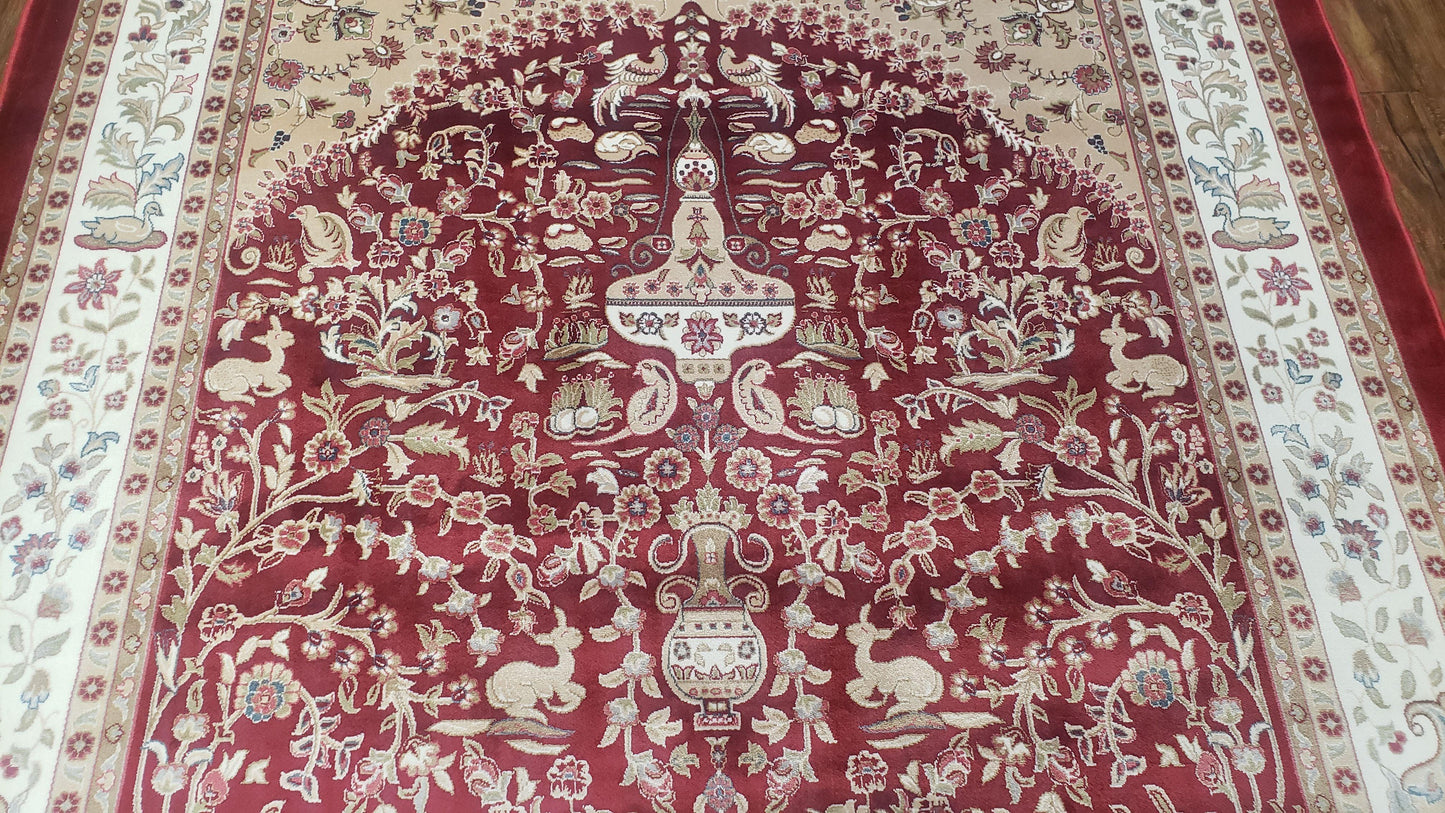 Silk Carpet 4x6 Dark Red & Cream, Tree of Life Rug, Animal Motifs, Birds Deer Rabbits, All Bamboo Silk, 4 x 6 Silk Area Rug - Nuvé