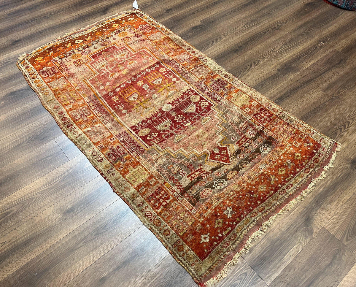 Antique Turkish Melas Rug 4x7, Tribal Geometric Unique Collectible Hand Knotted Wool Oriental Carpet, Rare 1920s Rug, Burnt Orange Red