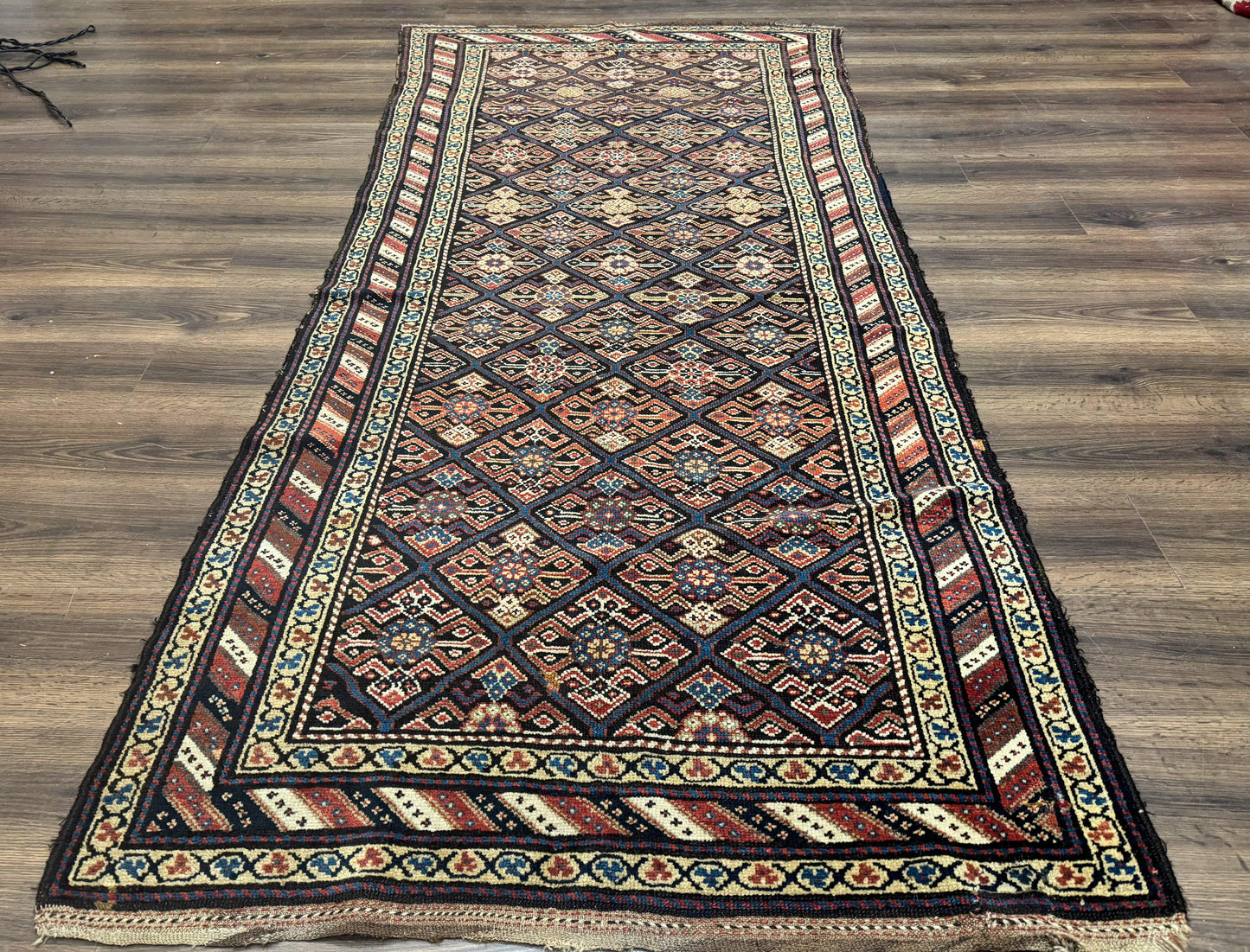 Antique Persian Wide Runner Rug 4x9, Kurdish Rug, Panel Design, Rainbow Border, Rare Tribal Rug - Nuvé
